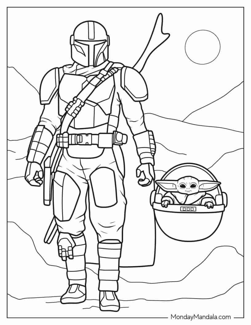 Mandalorian Walking With Baby Yoda coloring page