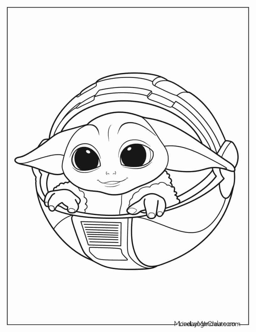 Super Cute Baby Yoda In Hovering Pod coloring page — printable line art