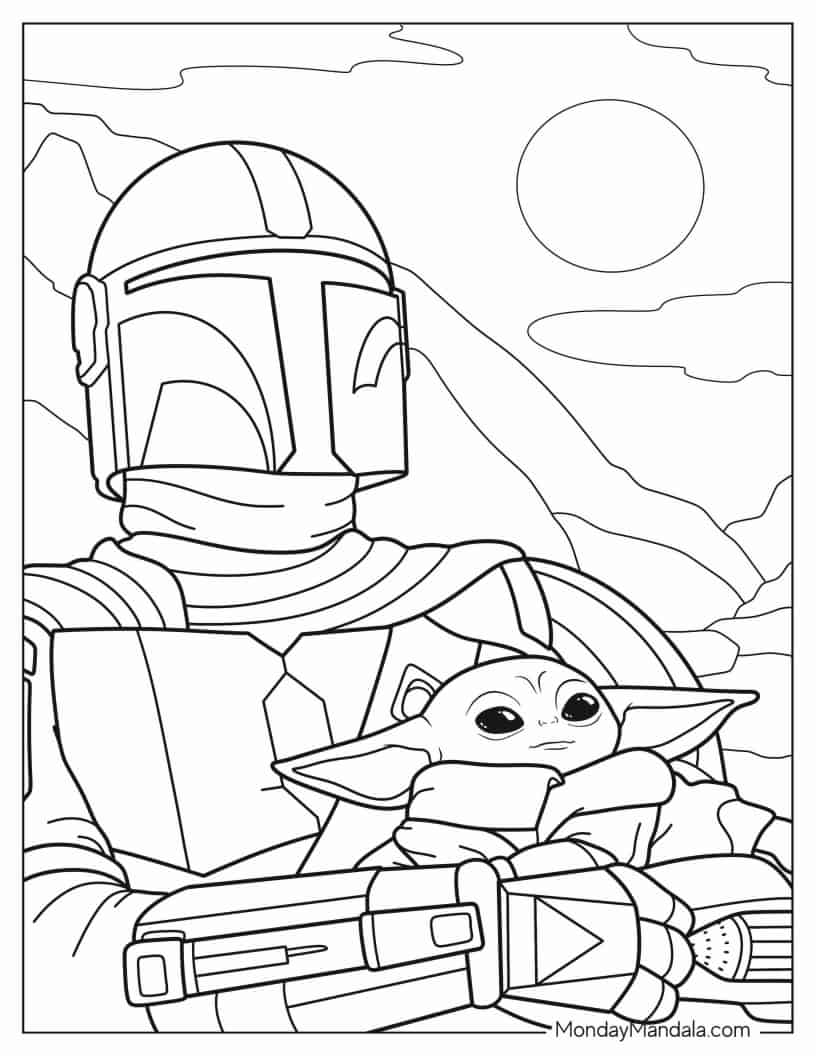 The Mandalorian Holding Baby Yoda To Color coloring page