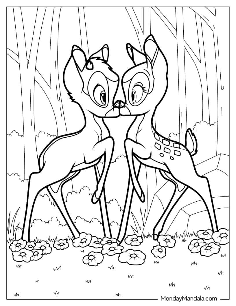 Bambi Nose-To-Nose With Faline Coloring Sheet coloring page — printable line art