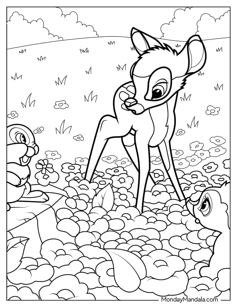 Bambi Talking To Thumper Sisters In Flower Field coloring page