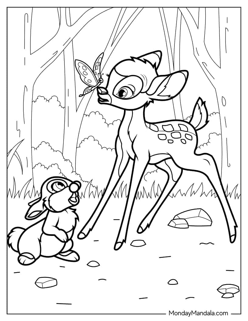 Coloring Page Of Bambi With Butterfly On Nose coloring page — printable line art