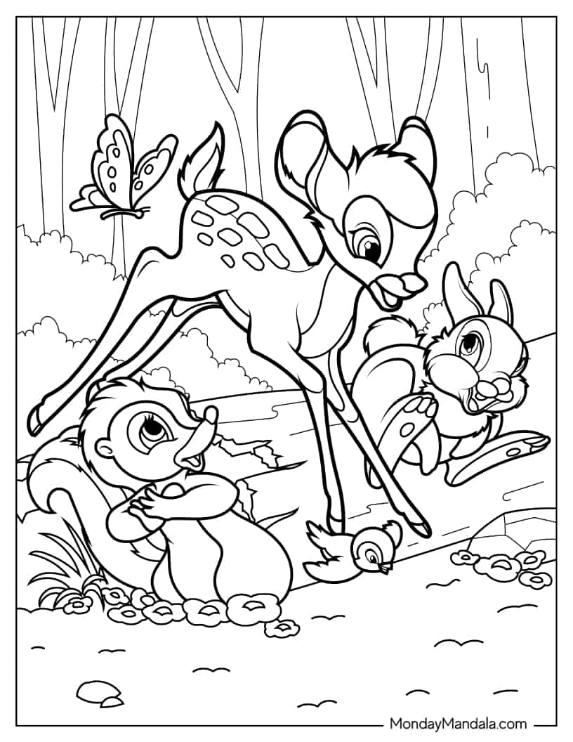 Coloring Sheet Of Bambi With Thumper And Flower coloring page