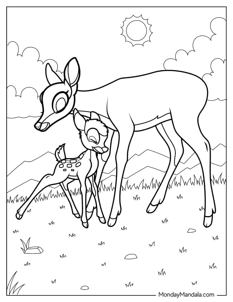 Simple Coloring Sheet Of Bambi And Mother Under The Sun coloring page