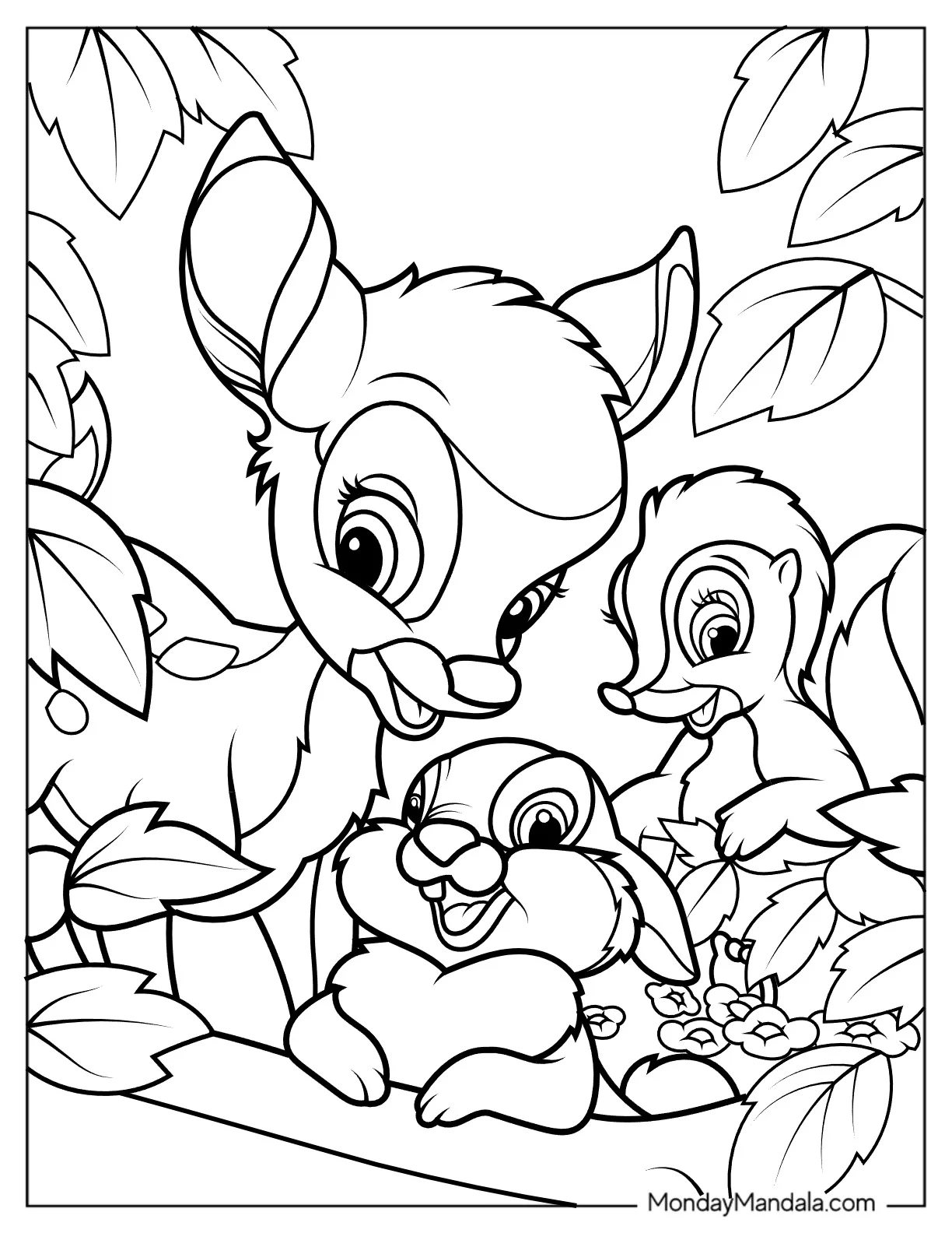 Smiling Bambi, Blossom, And Flower Coloring In For Kids v2 coloring page