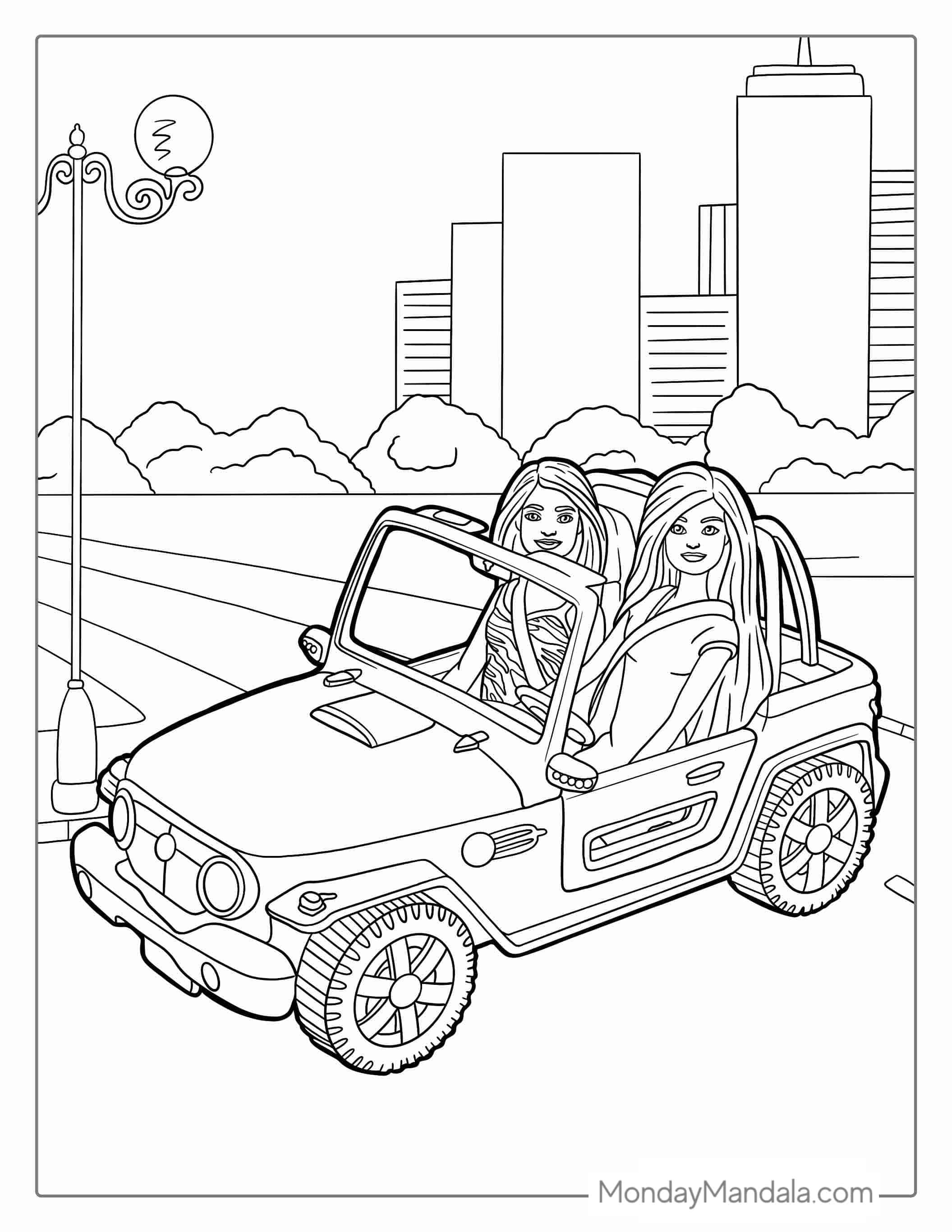 Barbie And Friend In Jeep To Color coloring page