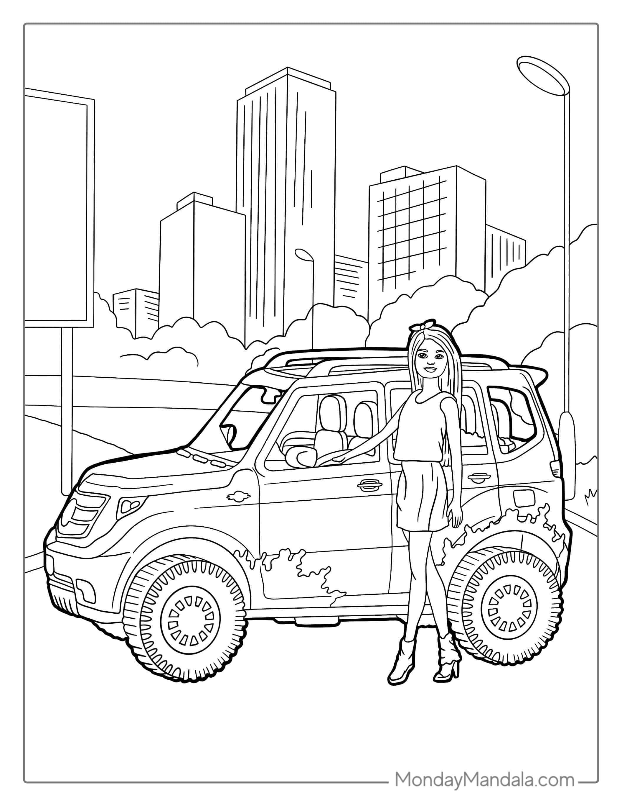 Barbie And Her Jeep Car To Color coloring page — printable line art
