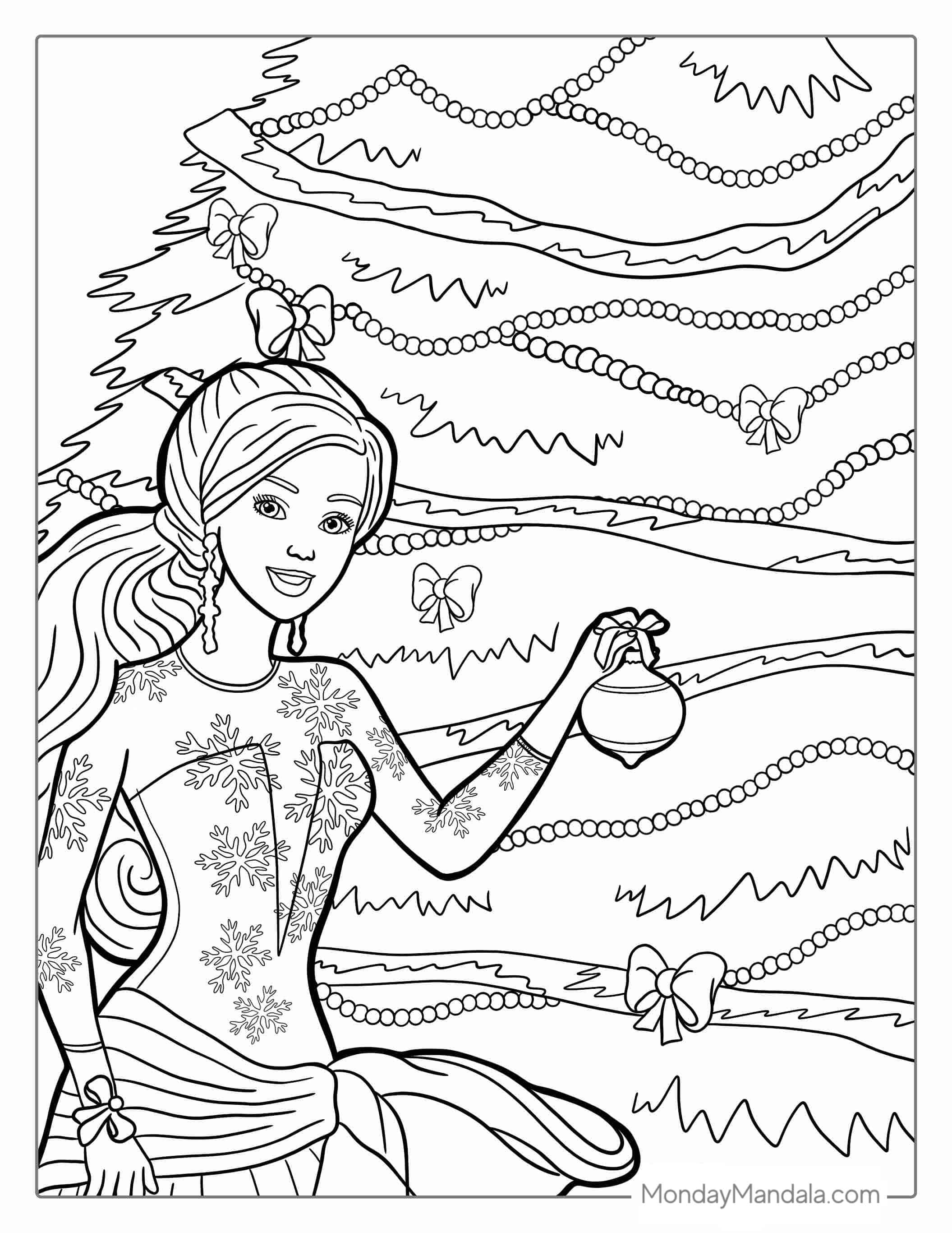 Barbie Handing Ornaments On Christmas Tree coloring page