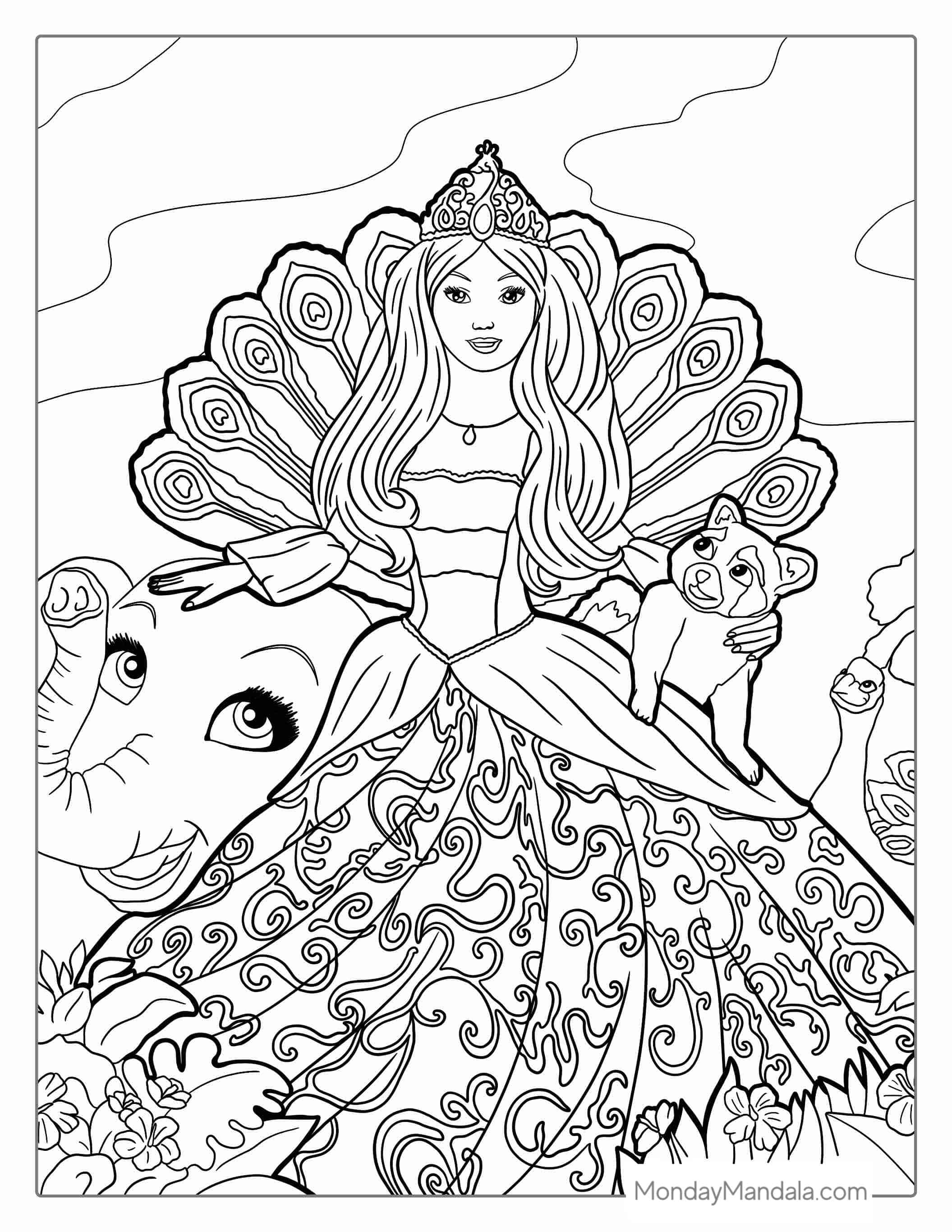 Barbie In Beautiful Dress And Animals coloring page — printable line art