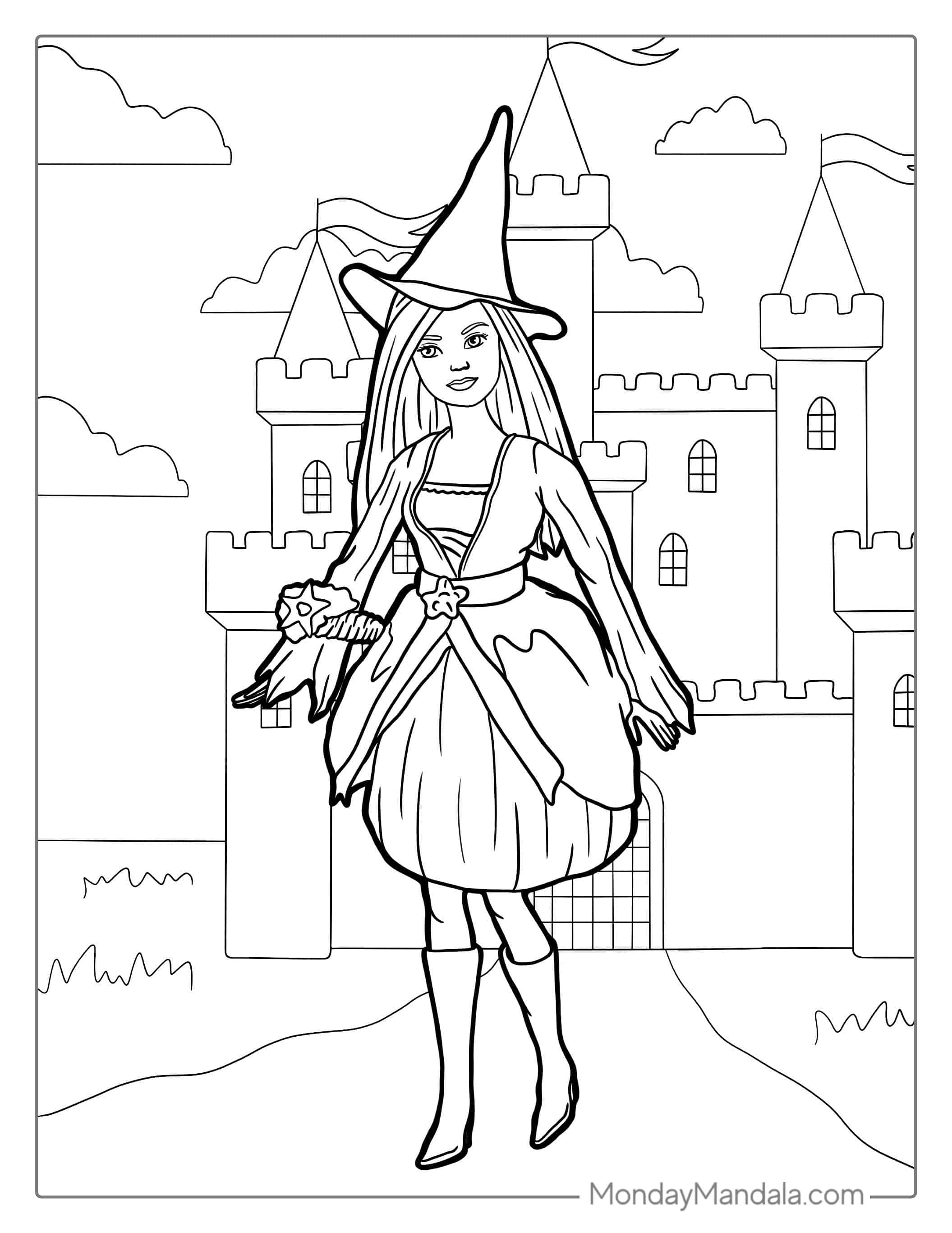 Barbie Wearing Witches Hat On Halloween coloring page — printable line art
