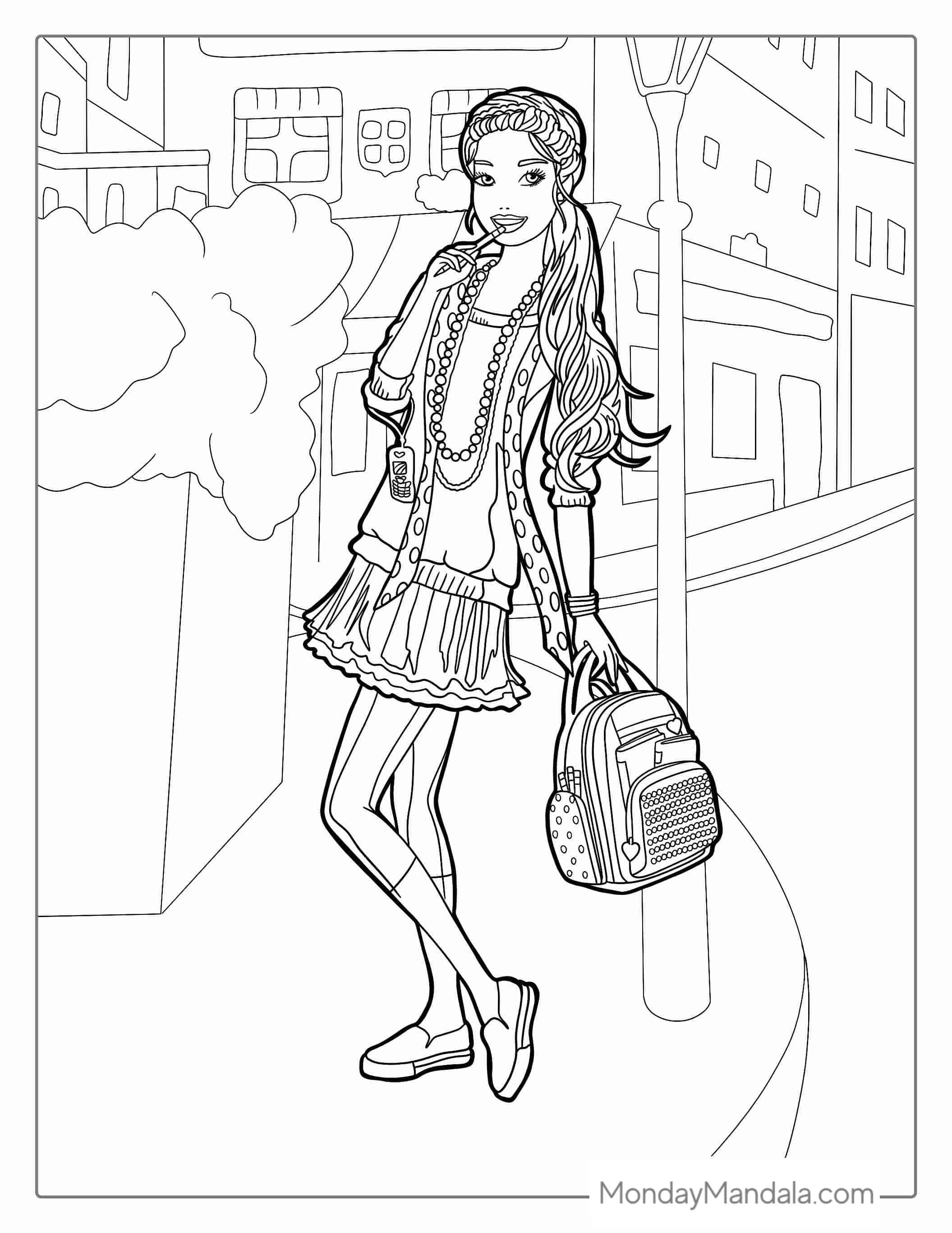 Fashionable Barbie Walkng In Paris Coloring Sheet coloring page — printable line art