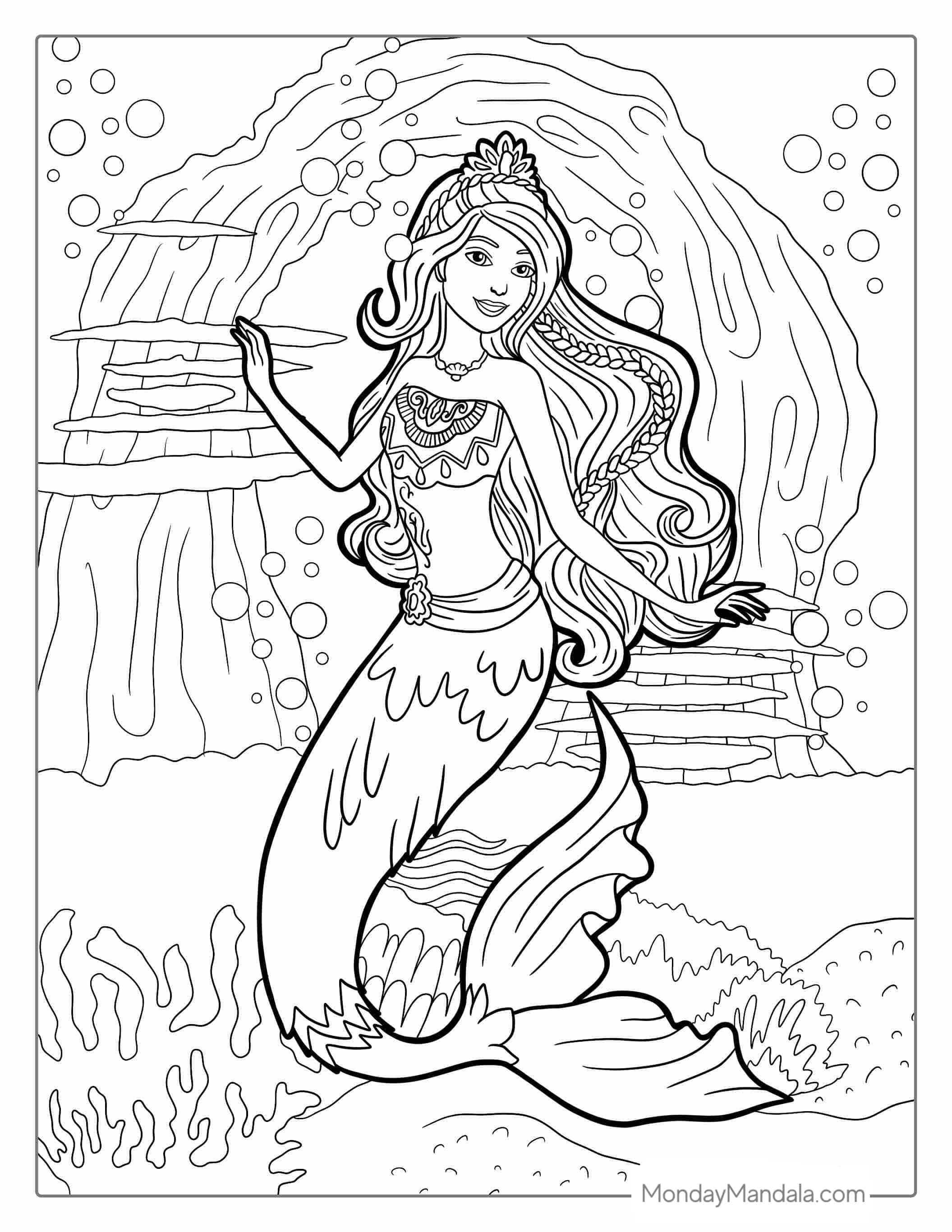 Mermaid Barbie In Ocean Coloring Sheet coloring page