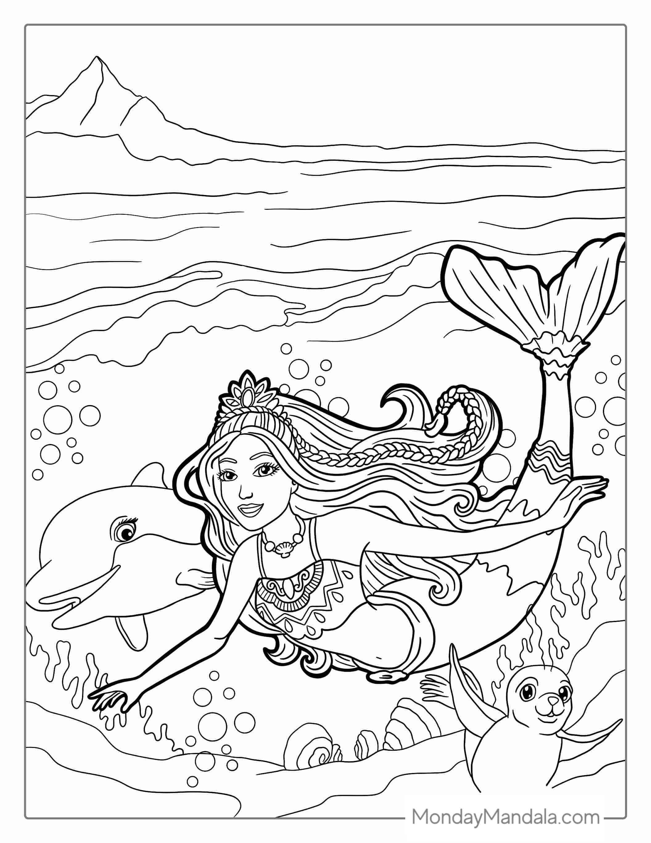 Mermaid Barbie Swimming With Dolphin To Color coloring page
