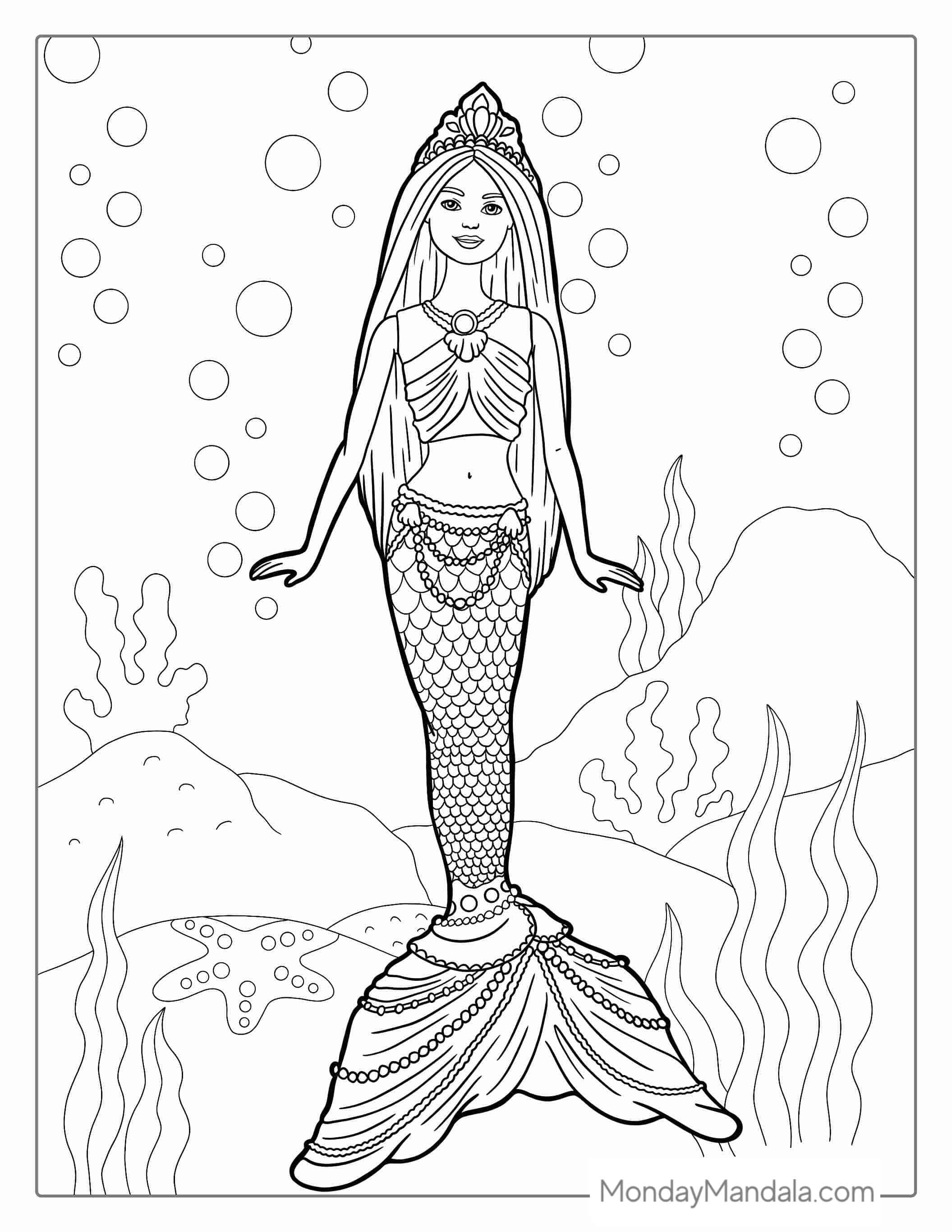 Mermaid Barbie Under Water To Color coloring page — printable line art
