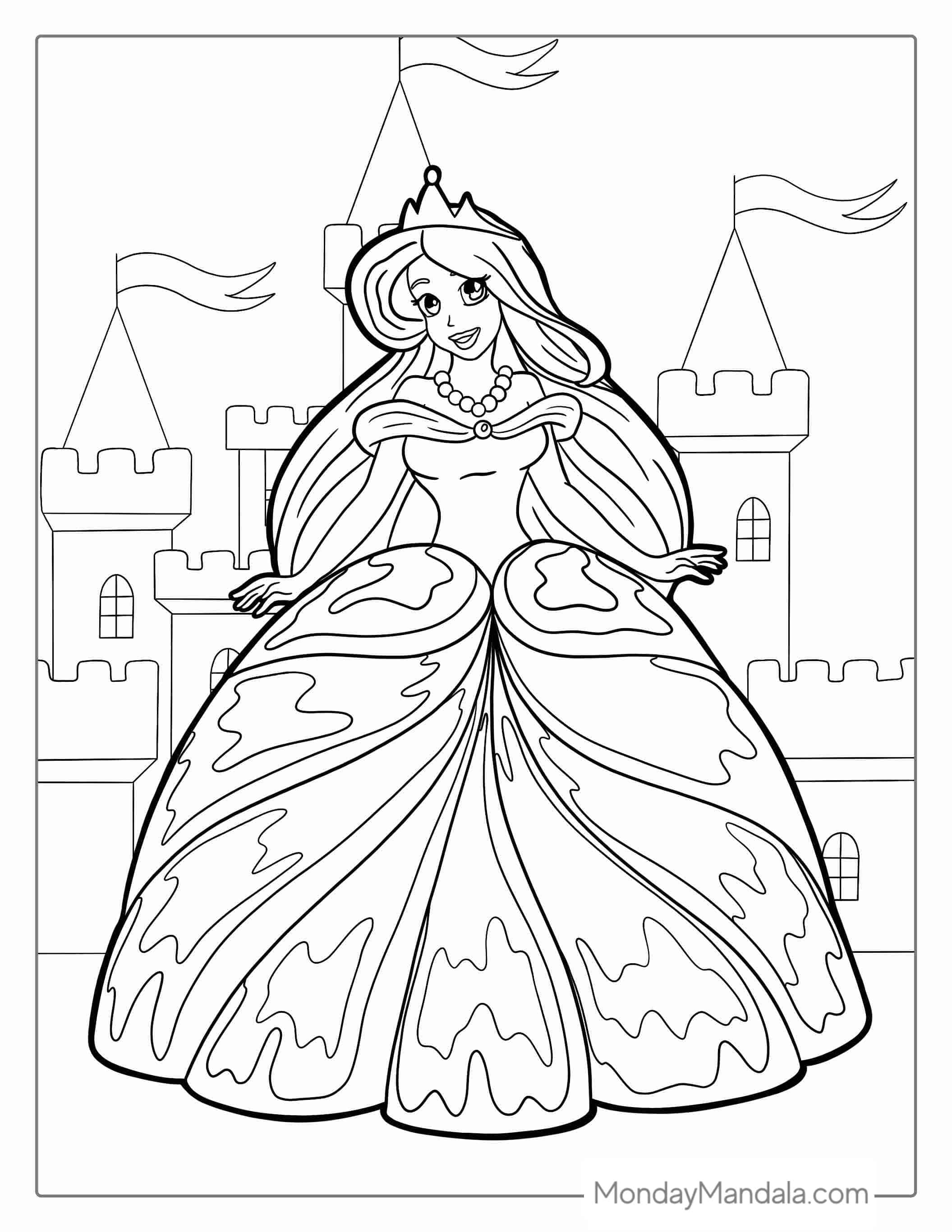 Princess Barbie In Front Of Castle To Color coloring page