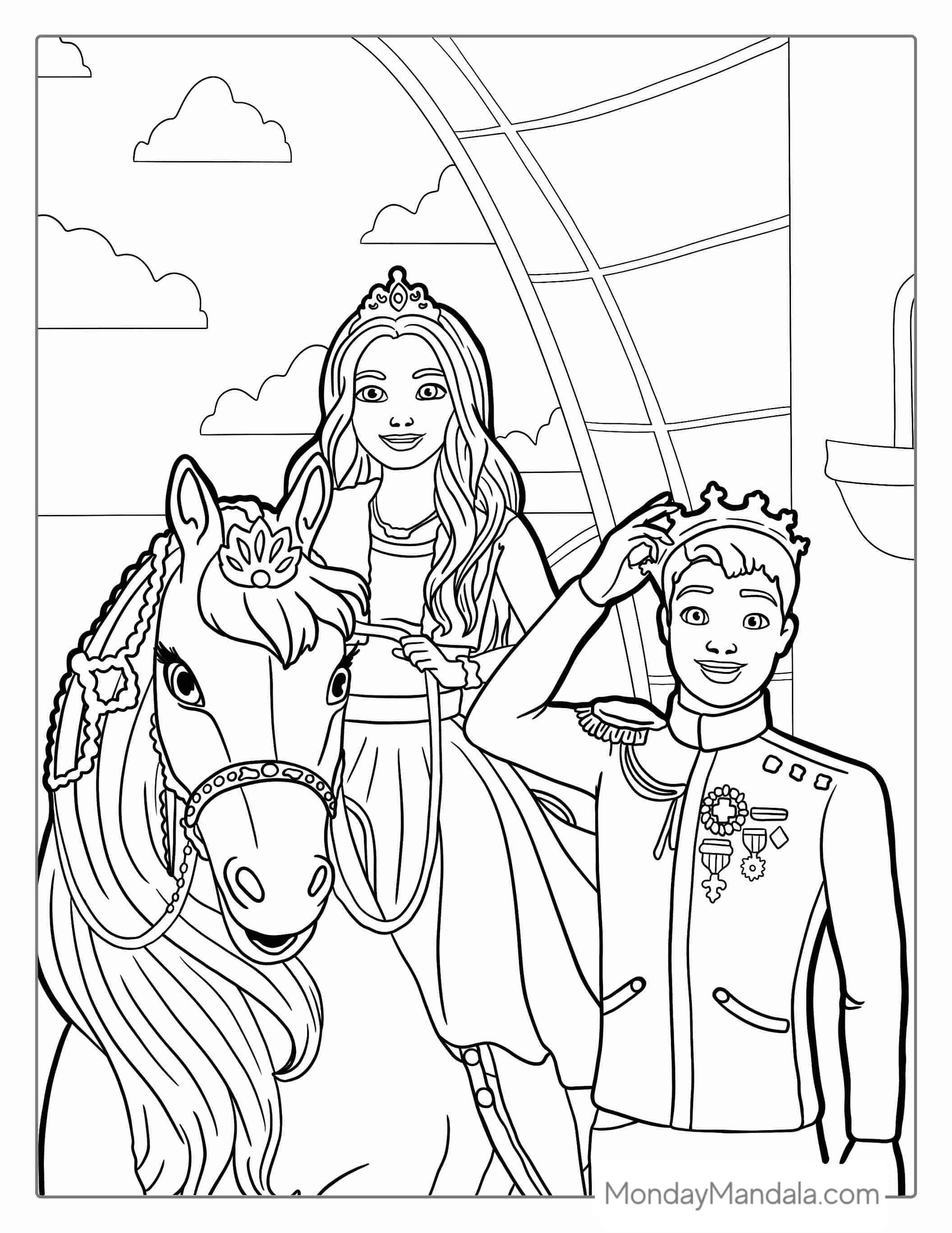 Princess Barbie With Prince And Horse coloring page — printable line art
