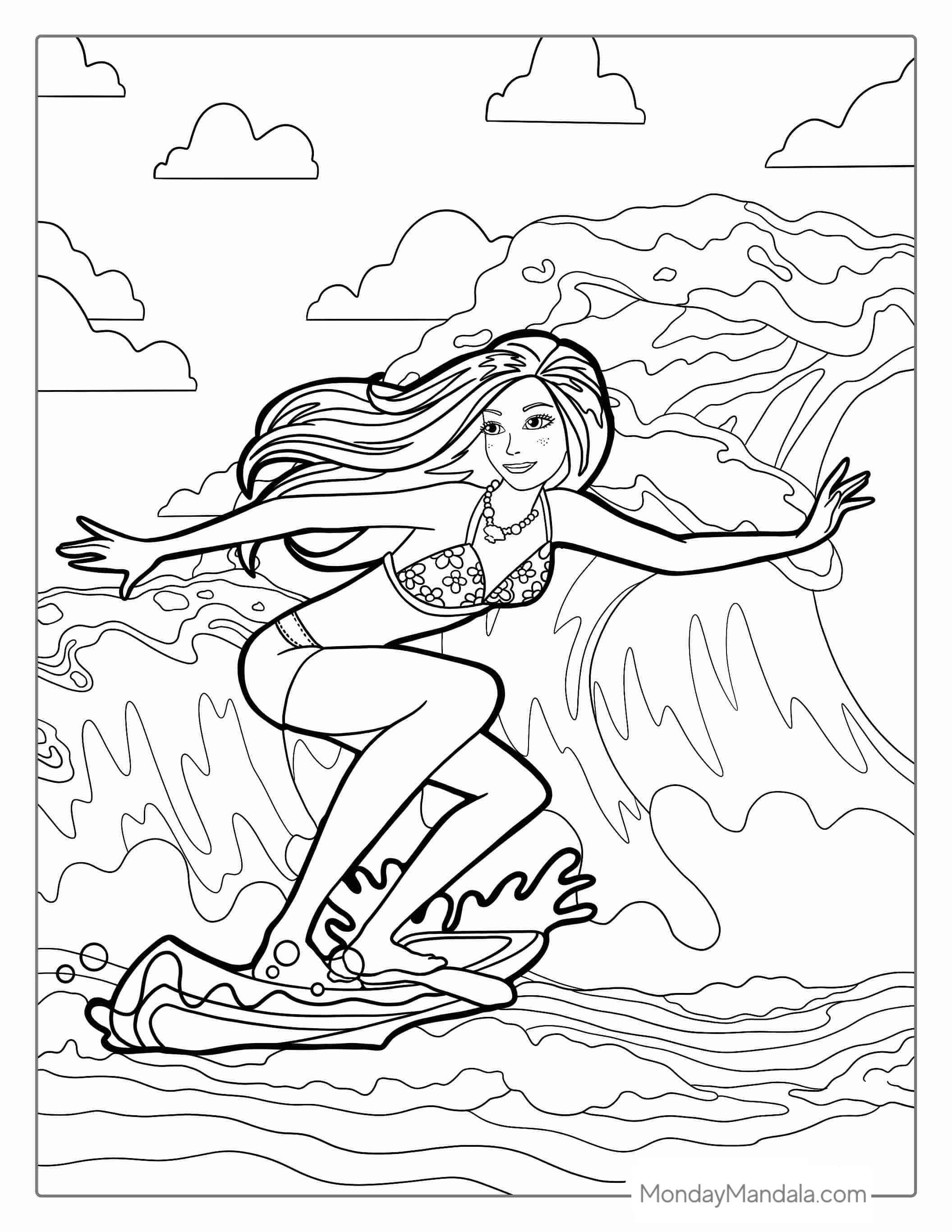 Surfer Barbie At Beach To Color coloring page
