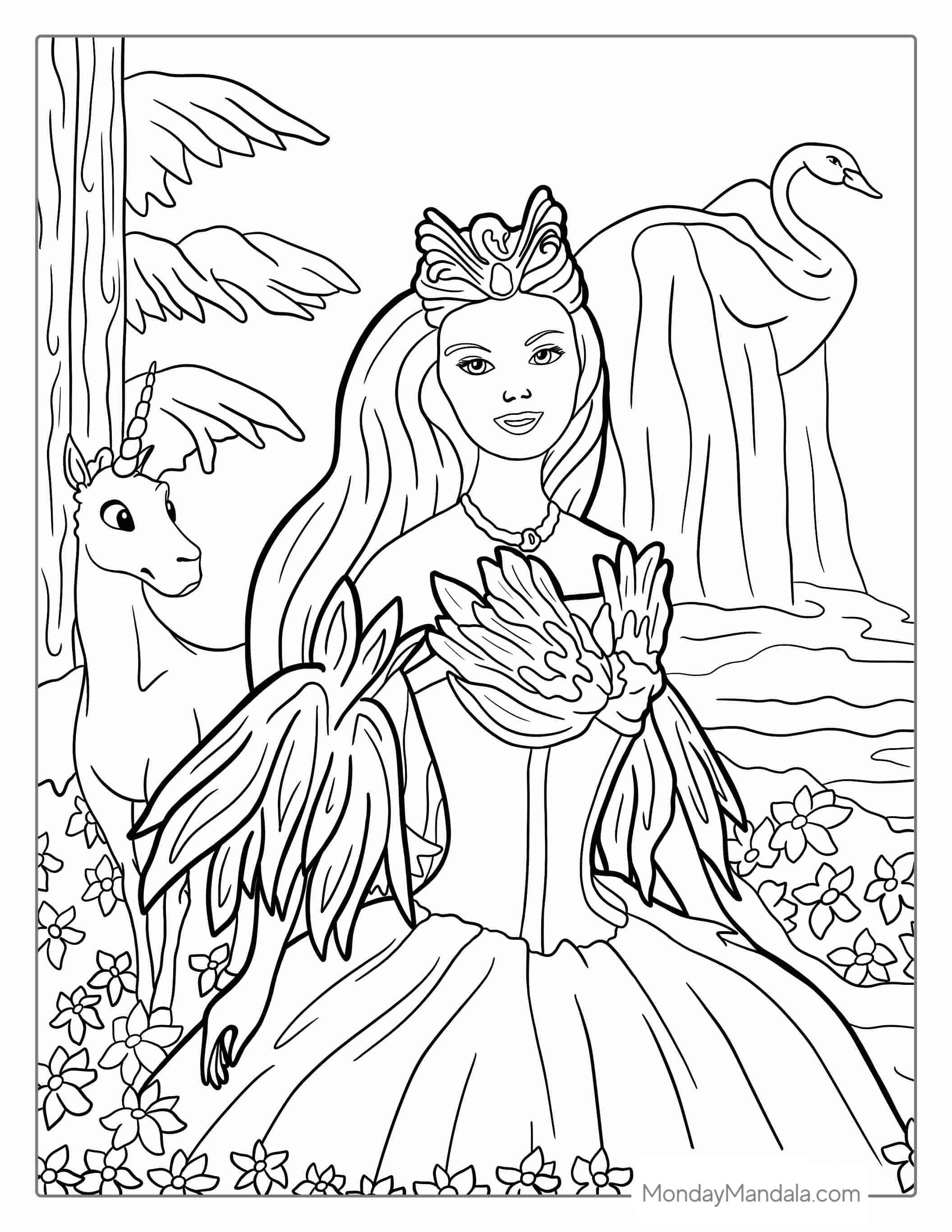 Swan Princess Barbie With Unicorn Coloring Sheet coloring page