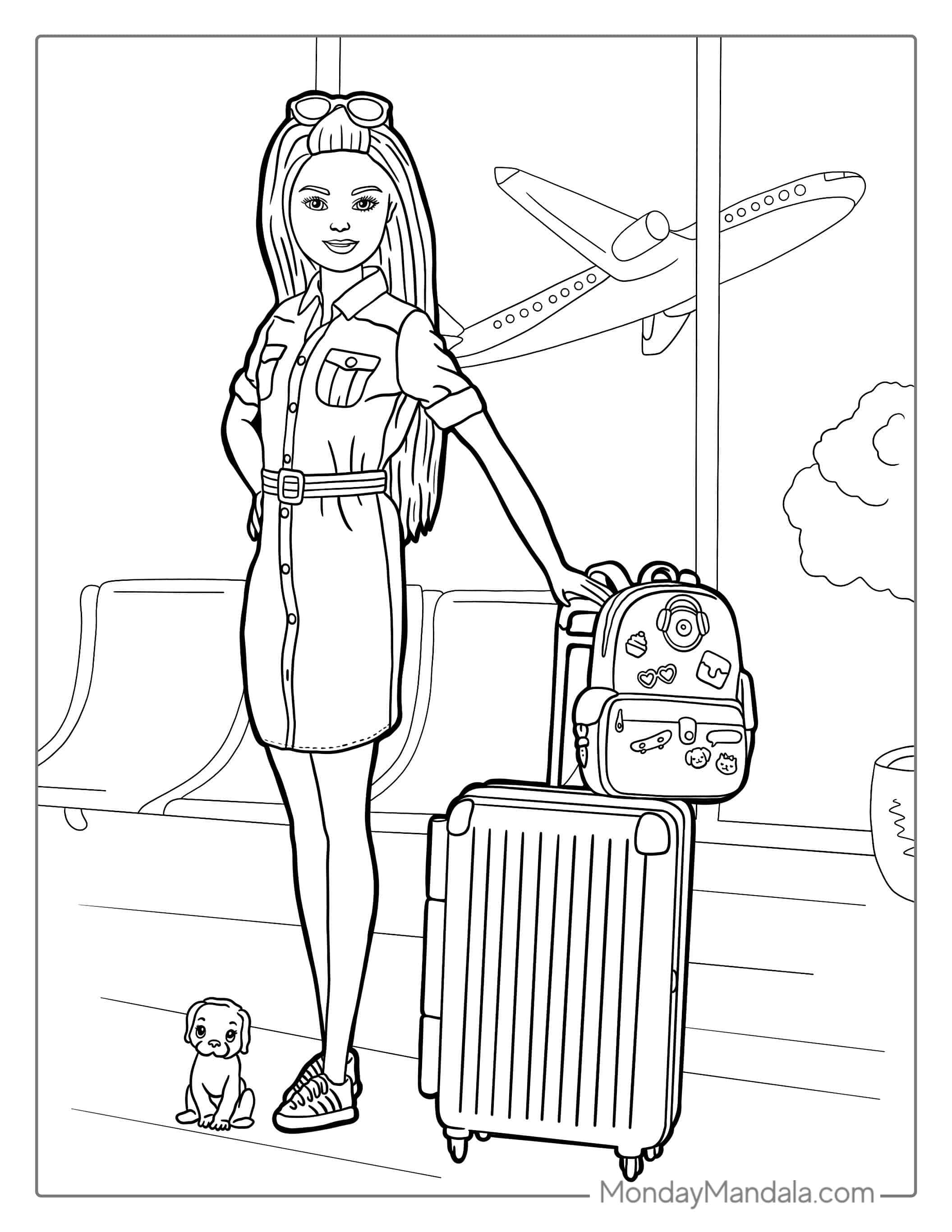 Travelling Barbie At Airport To Color coloring page — printable line art