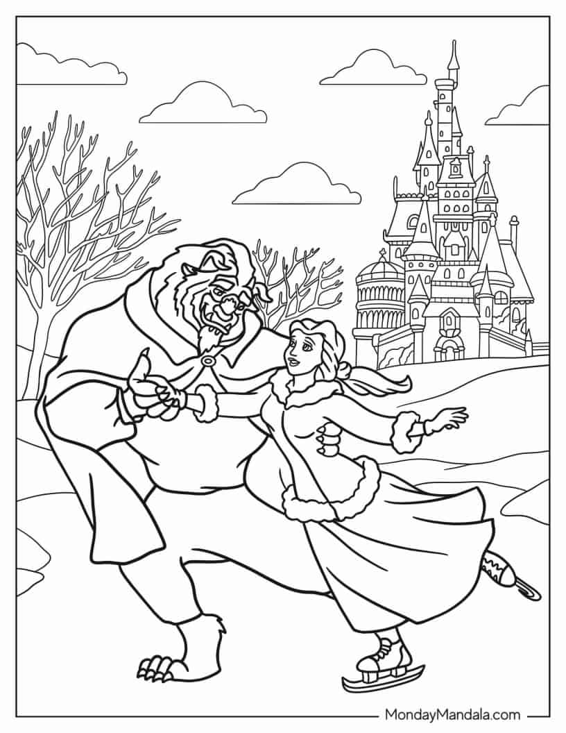 Beast And Belle Ice Skating Coloring Page coloring page — printable line art