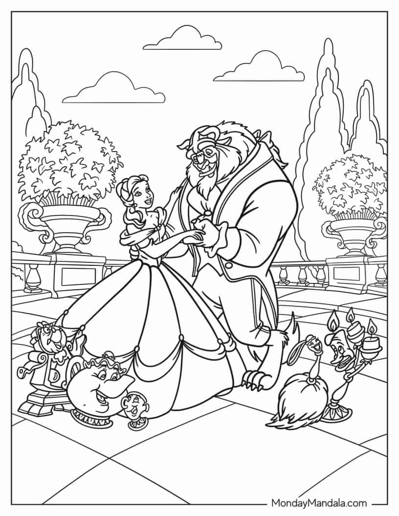 Beauty And The Beast Dancing In Garden Coloring In coloring page