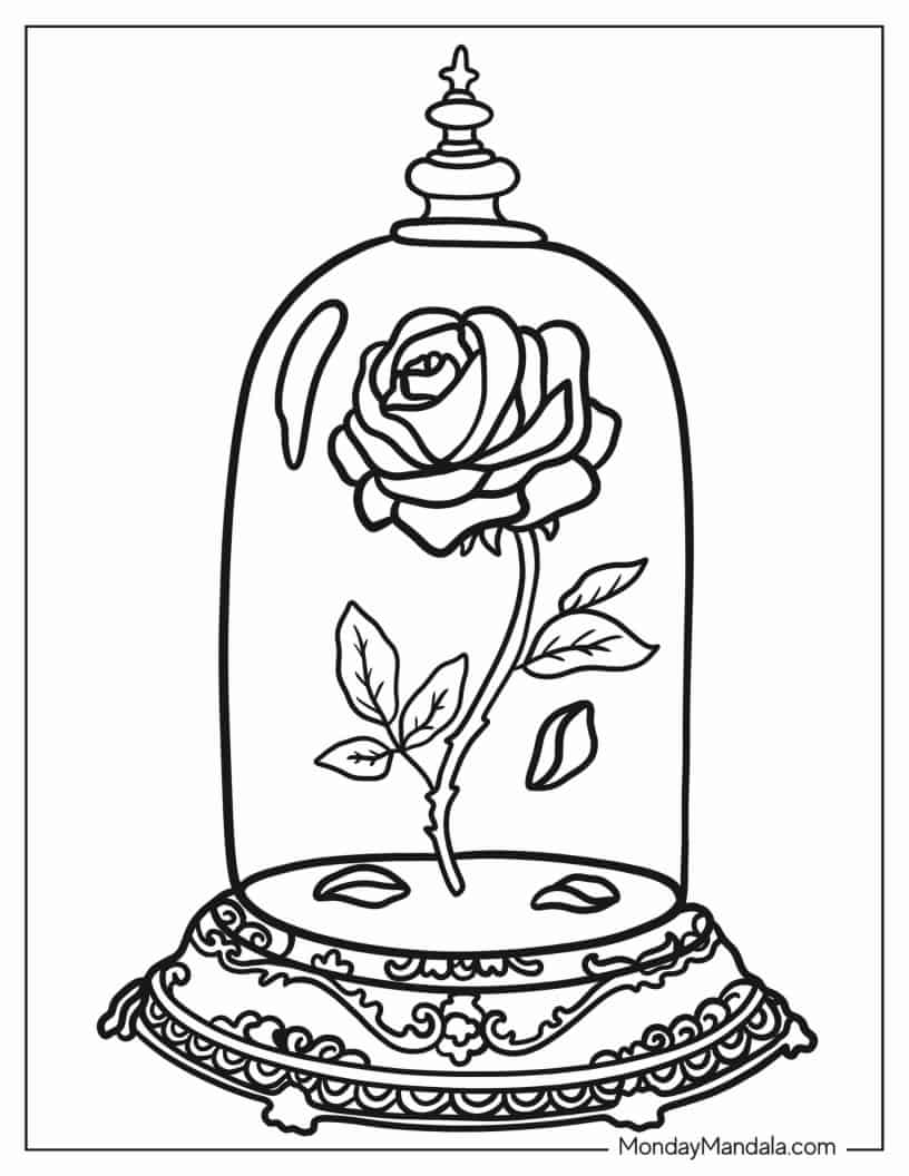Beauty And The Beast Rose In Glass Coloring Page coloring page — printable line art