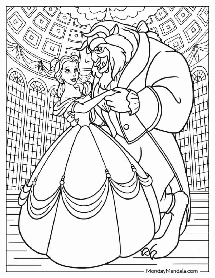 Belle And Beast Dancing In Ballroom coloring page — printable line art