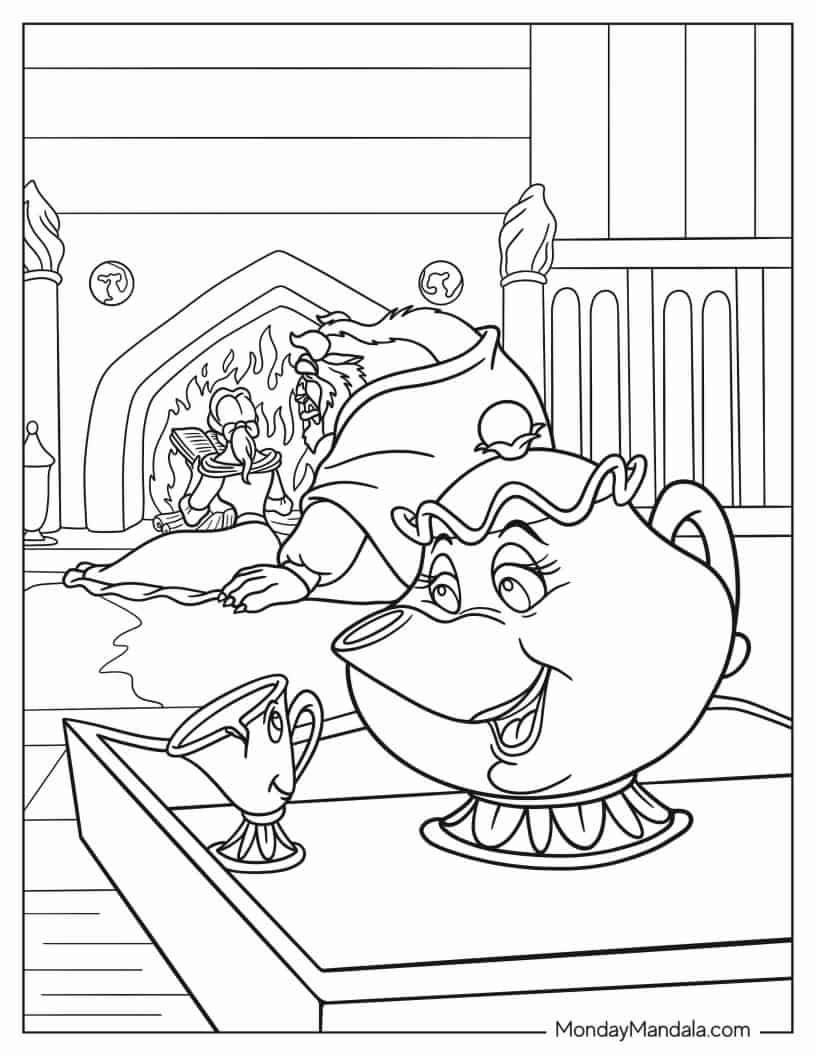 Belle, Beast, Mrs. Potts, And Chip In Library coloring page — printable line art