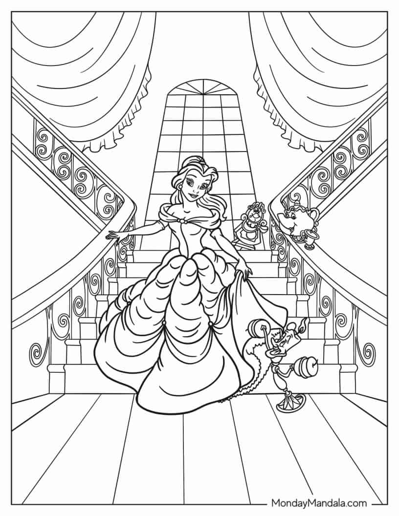 Belle Descending Grand Staircase In Gown coloring page
