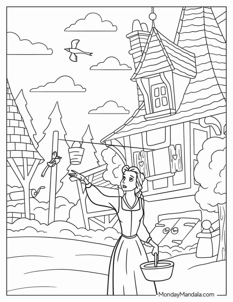 Belle Doing Chores In Village Coloring Sheet coloring page — printable line art