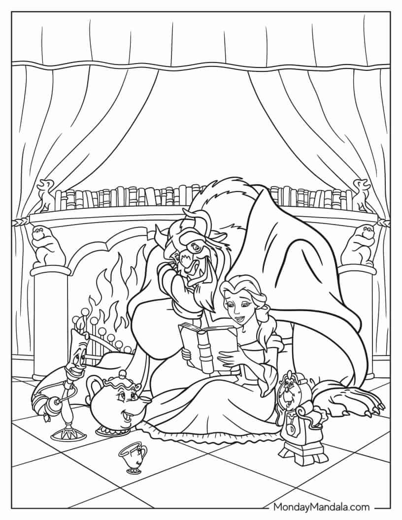 Belle Reading Book To Beast And Friends coloring page — printable line art