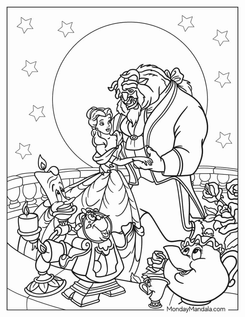Coloring Sheet Of Beauty And The Beast In Balcony coloring page — printable line art