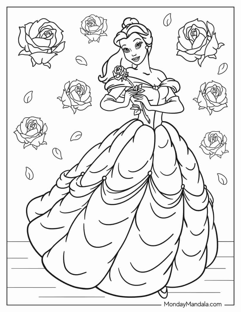 Coloring Sheet Of Belle Holding Rose coloring page