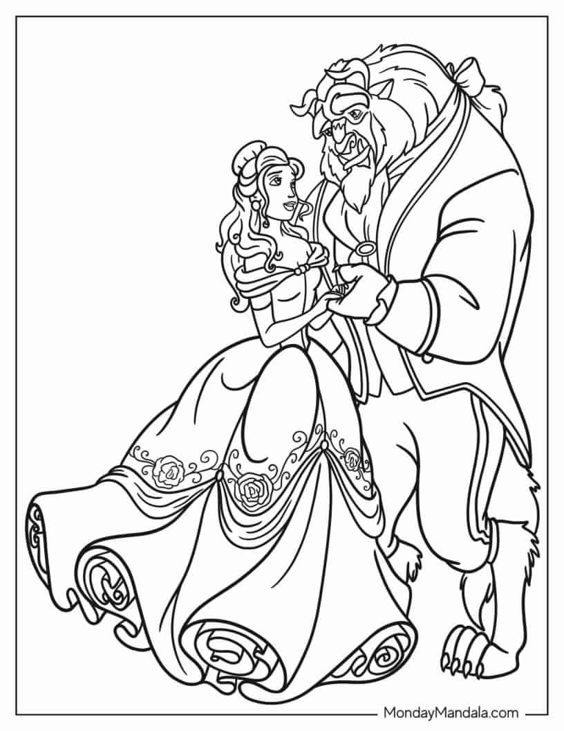 Detailed Outline Of Belle And Beast Coloring In For Kids coloring page