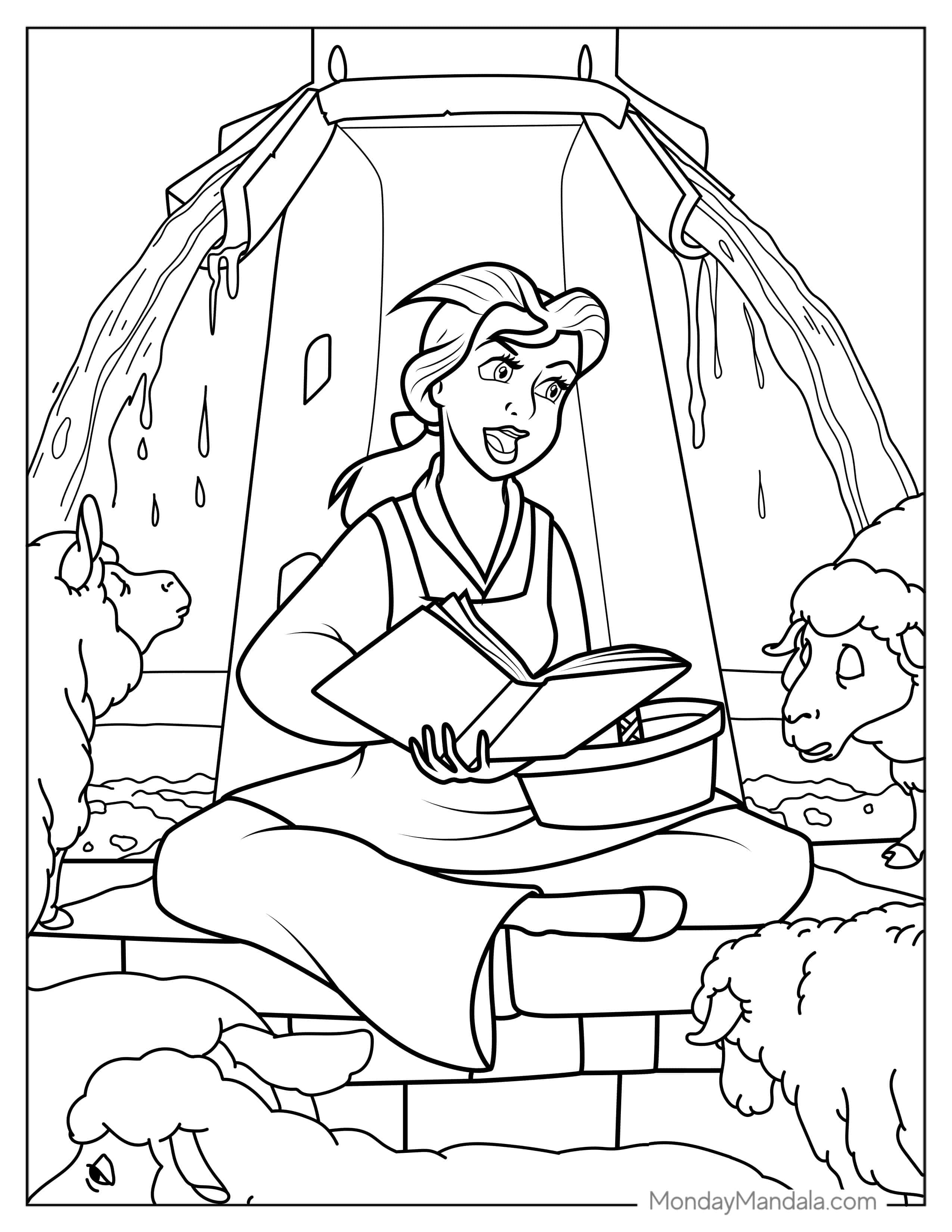 Belle Singing To Sheep At The Water Fountain coloring page