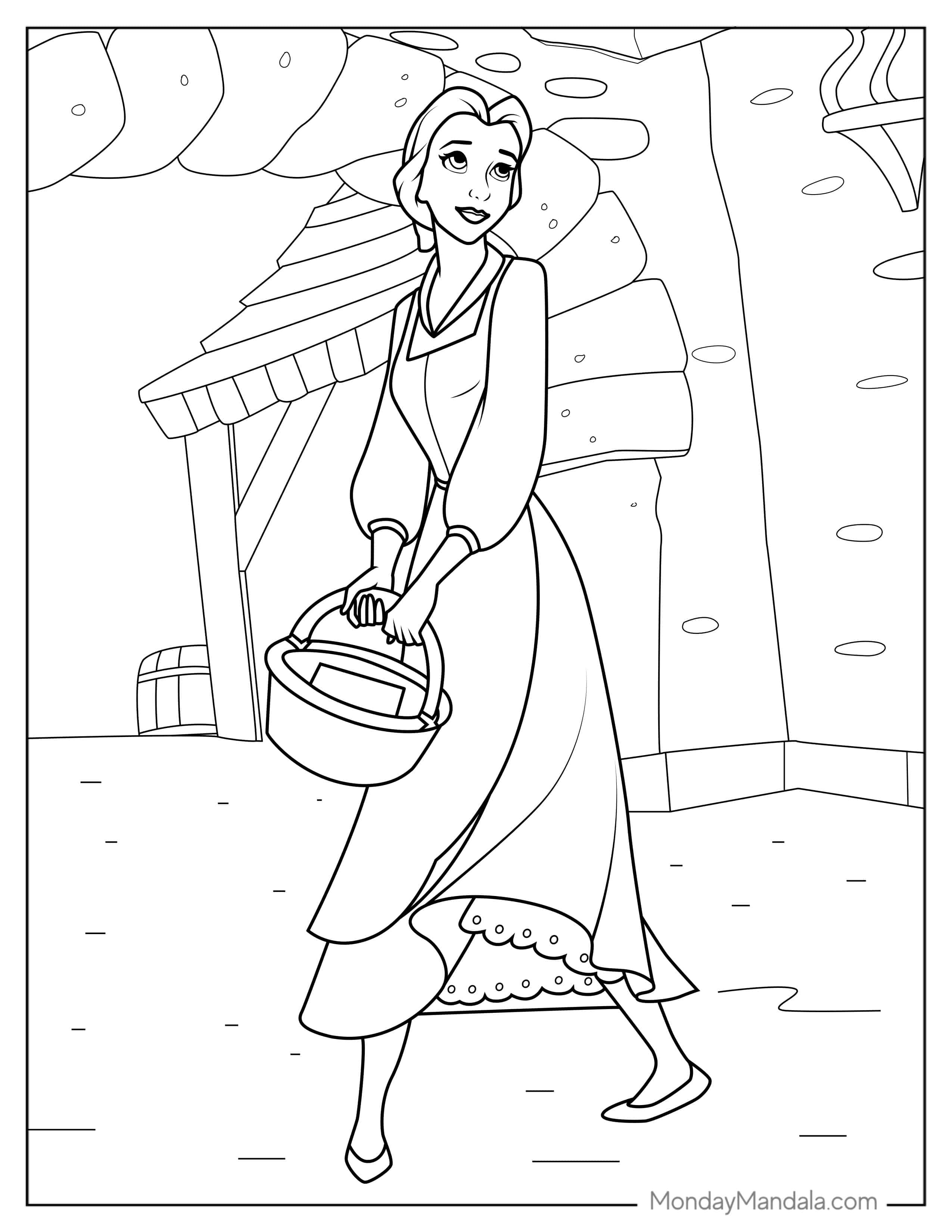 Belle Wearing Blue Dress Walking With Basket coloring page