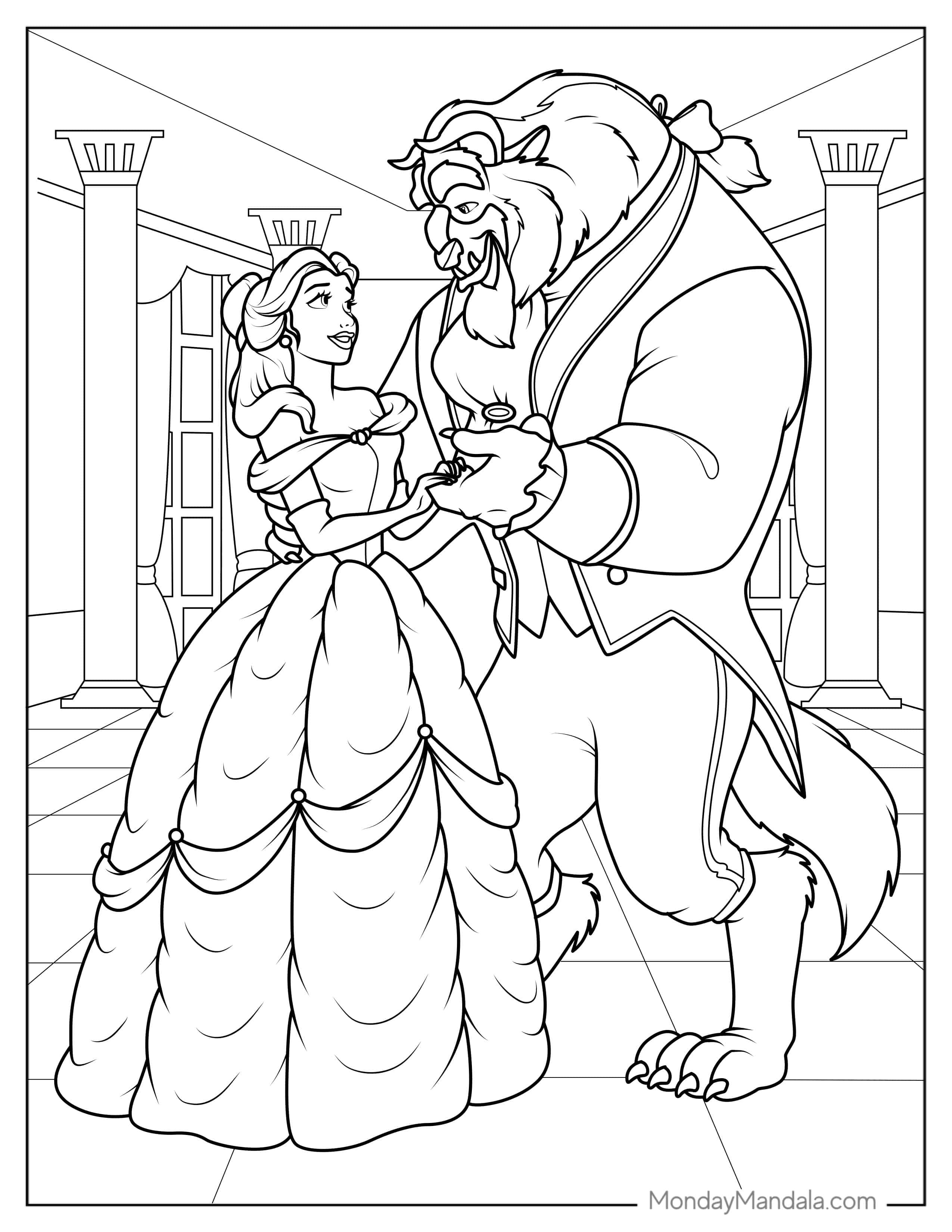 Belle With Beautiful Dress Dancing With The Beast coloring page
