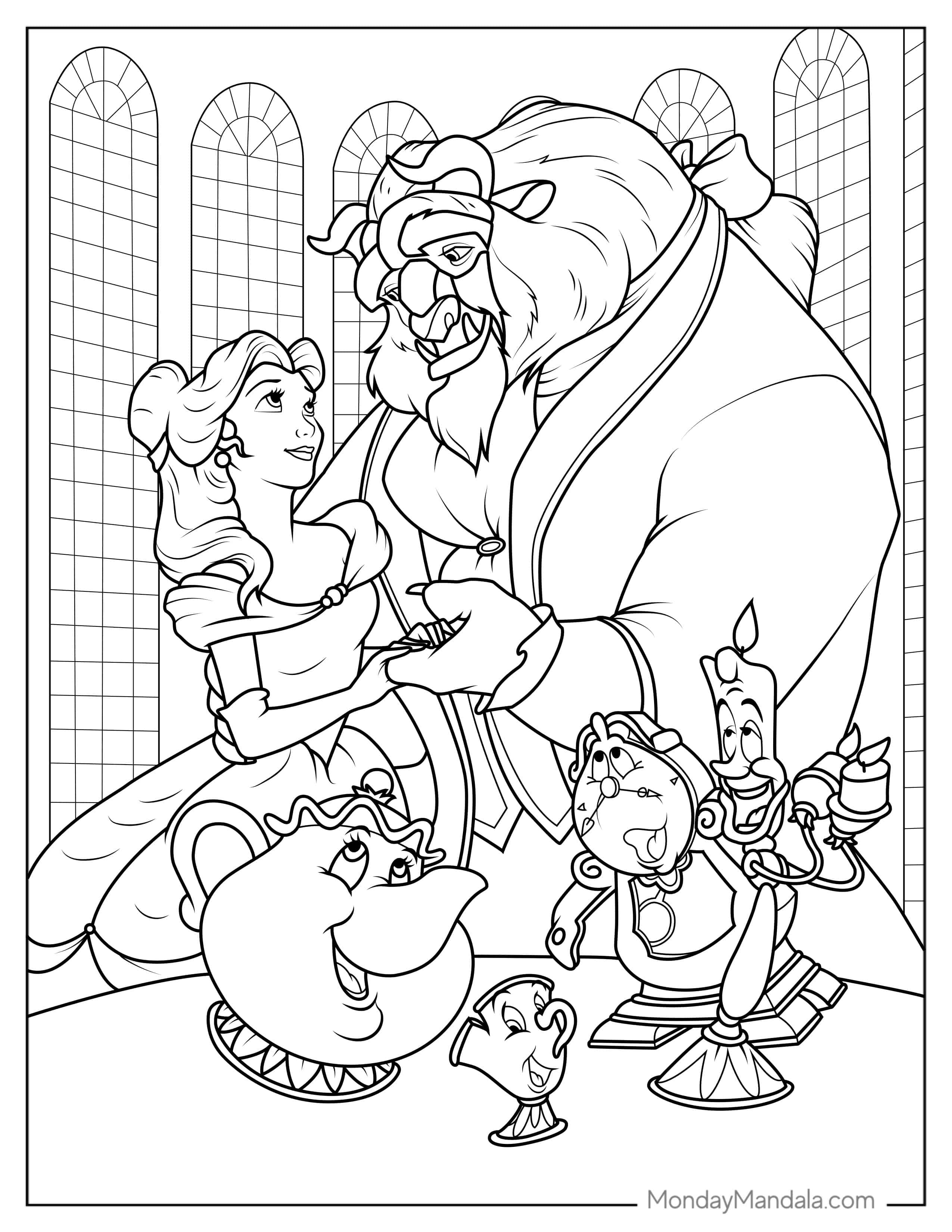 Belle With Cogsworth, Chip, Mrs Potts And The Beast coloring page
