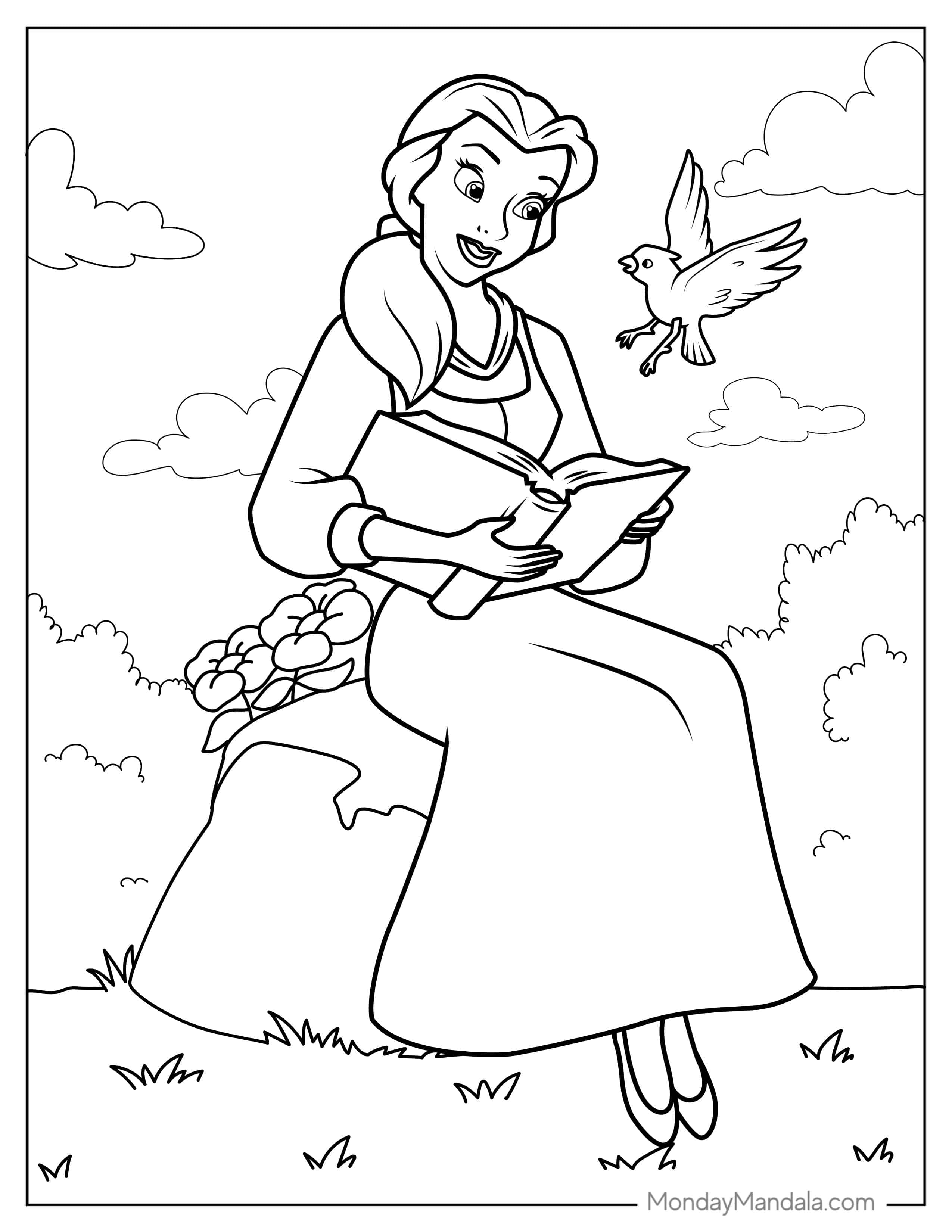 Coloring Sheet Of Belle Reading a Book With Bird coloring page