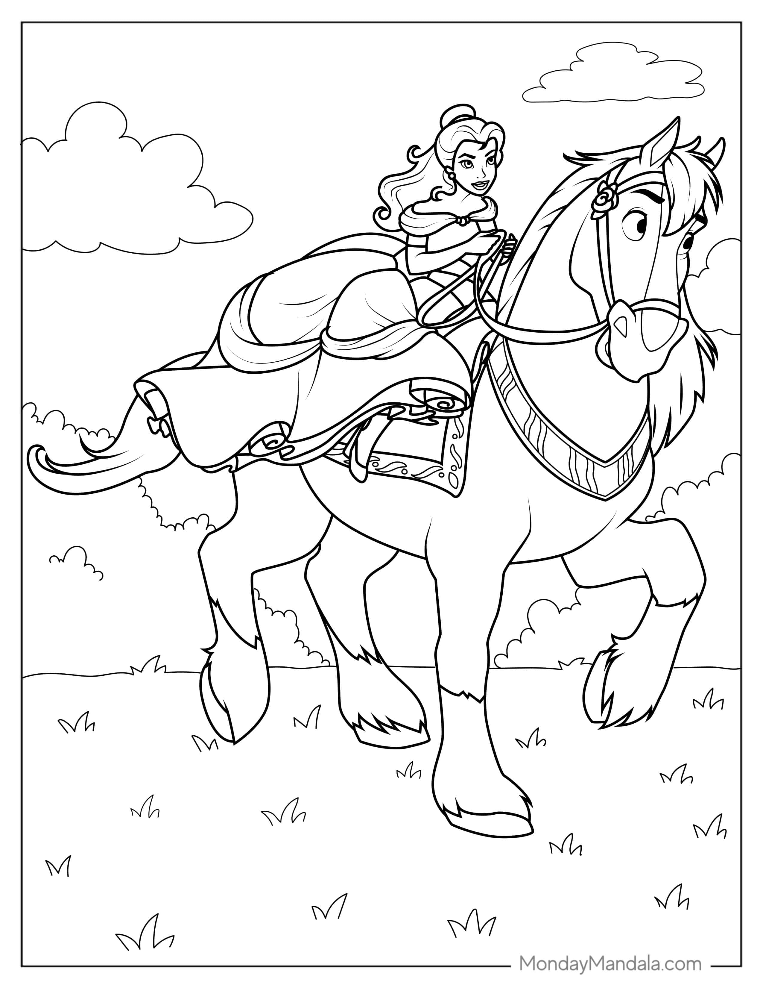 Coloring Sheet Of Belle With Her Horse Phillipe coloring page