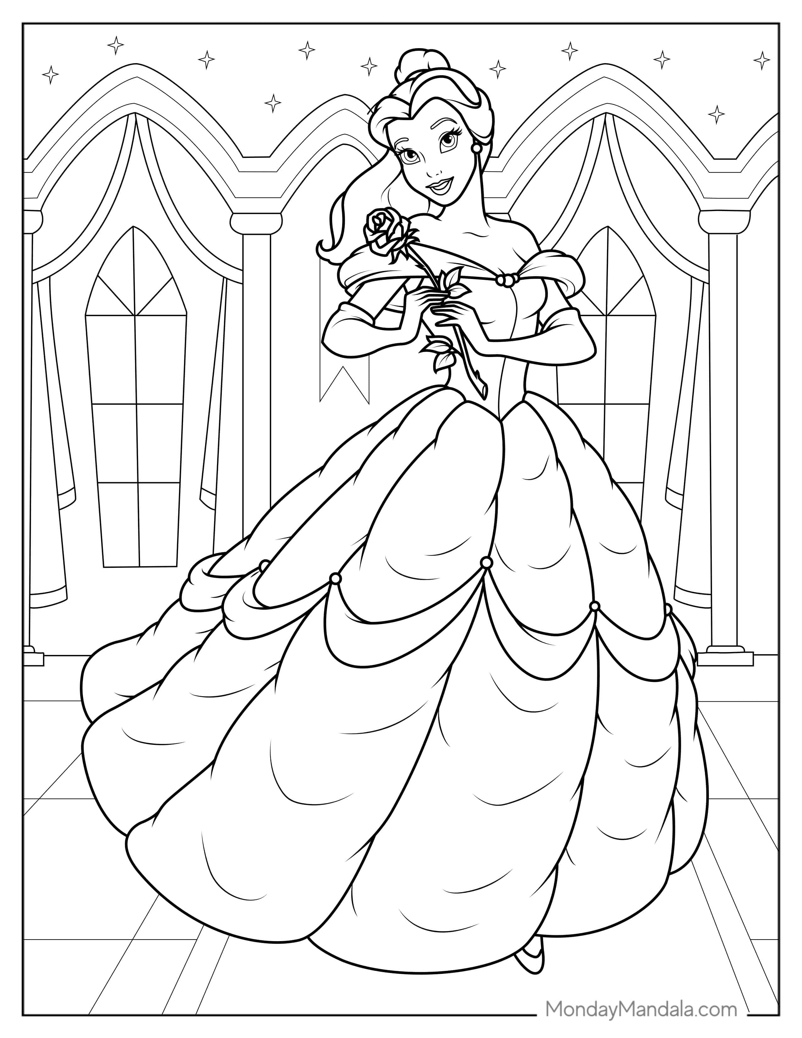 Detailed Coloring Page Of Belle Holding a Rose coloring page