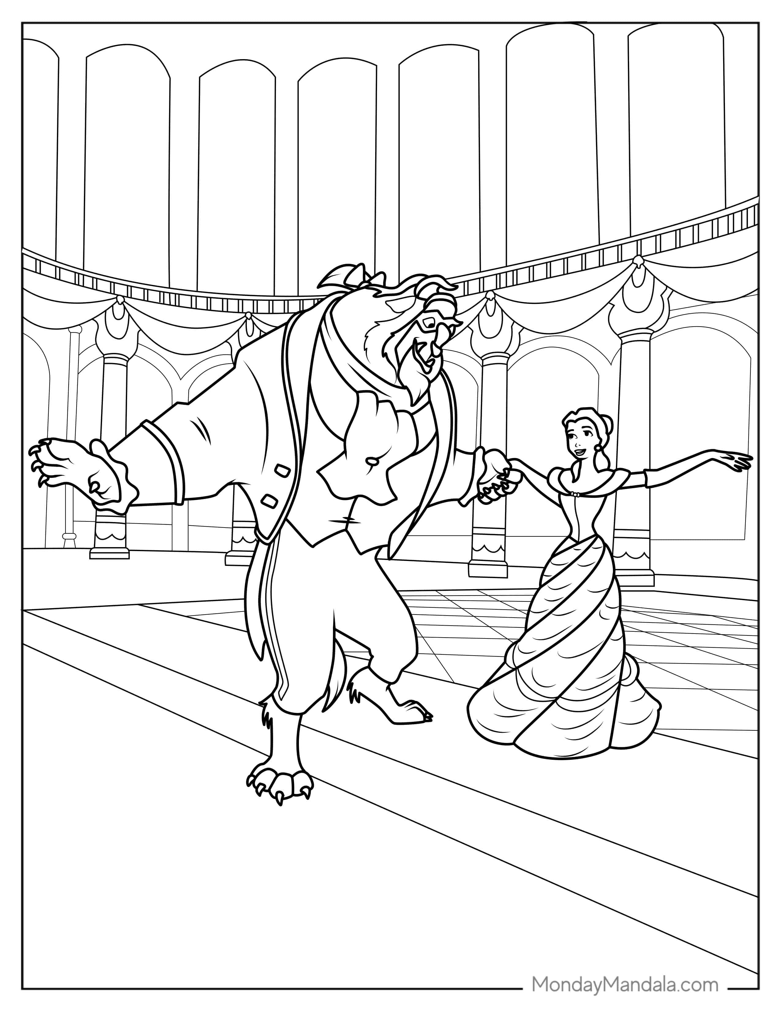 Princess Belle Dancing With Adam The Beast coloring page