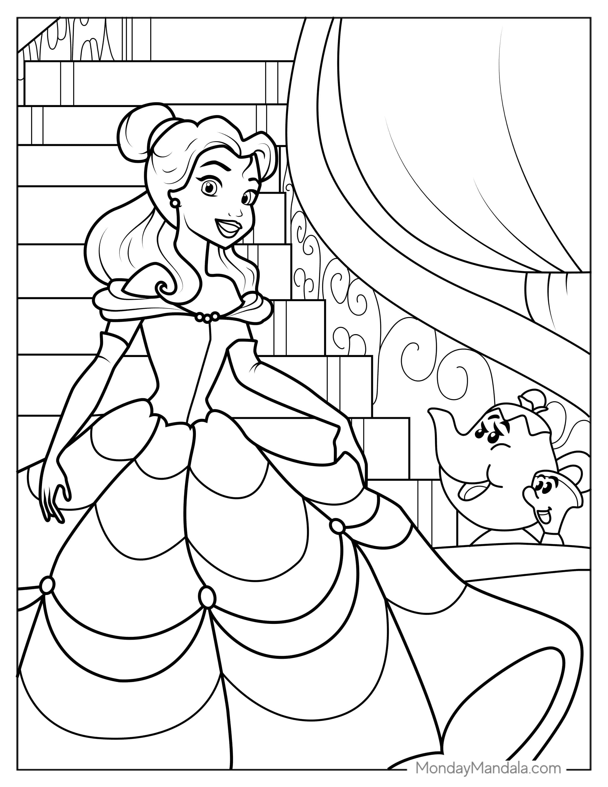 Princess Belle With Mrs Potts And Chip Coloring Page coloring page — printable line art