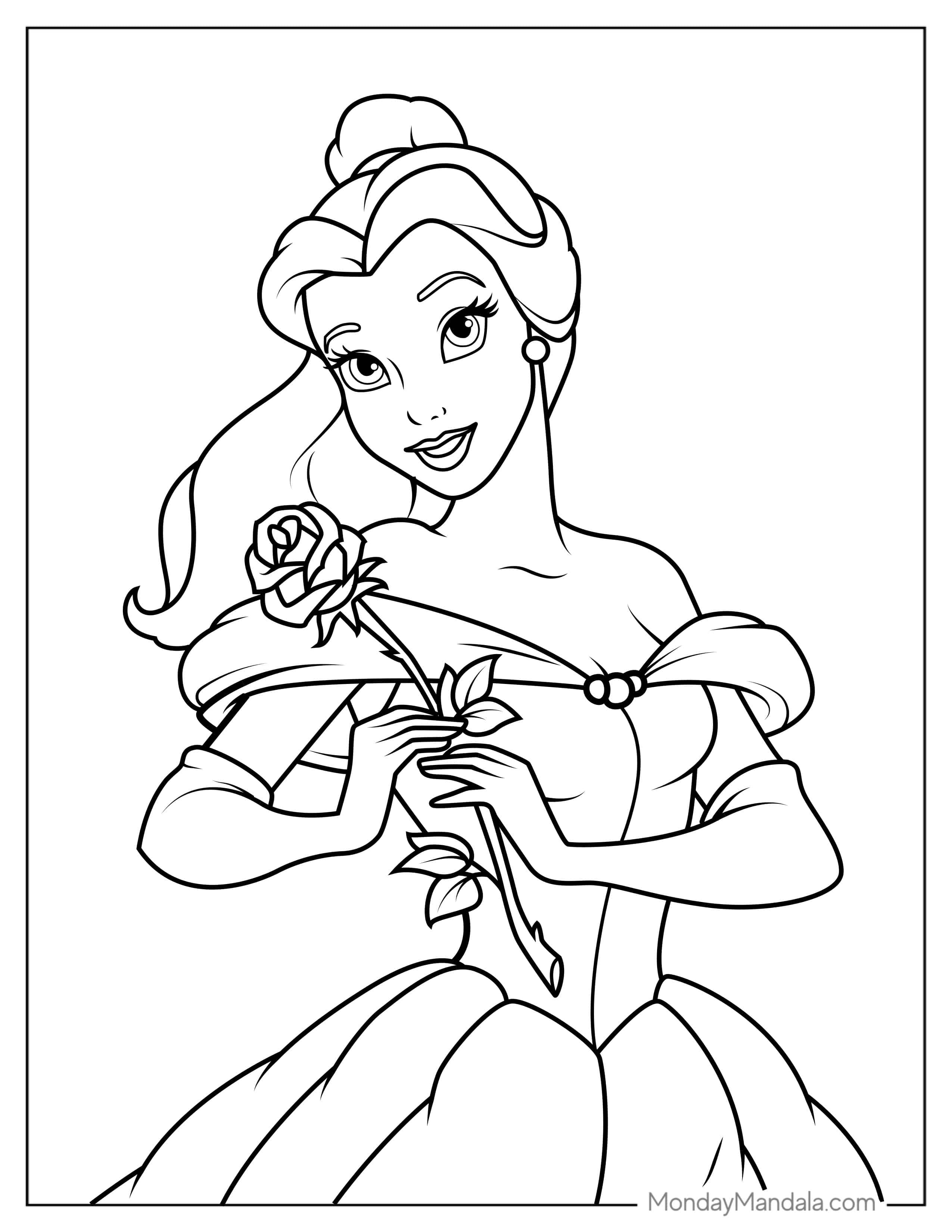 Simple Outline Of Princess Belle Holding a Rose coloring page — printable line art