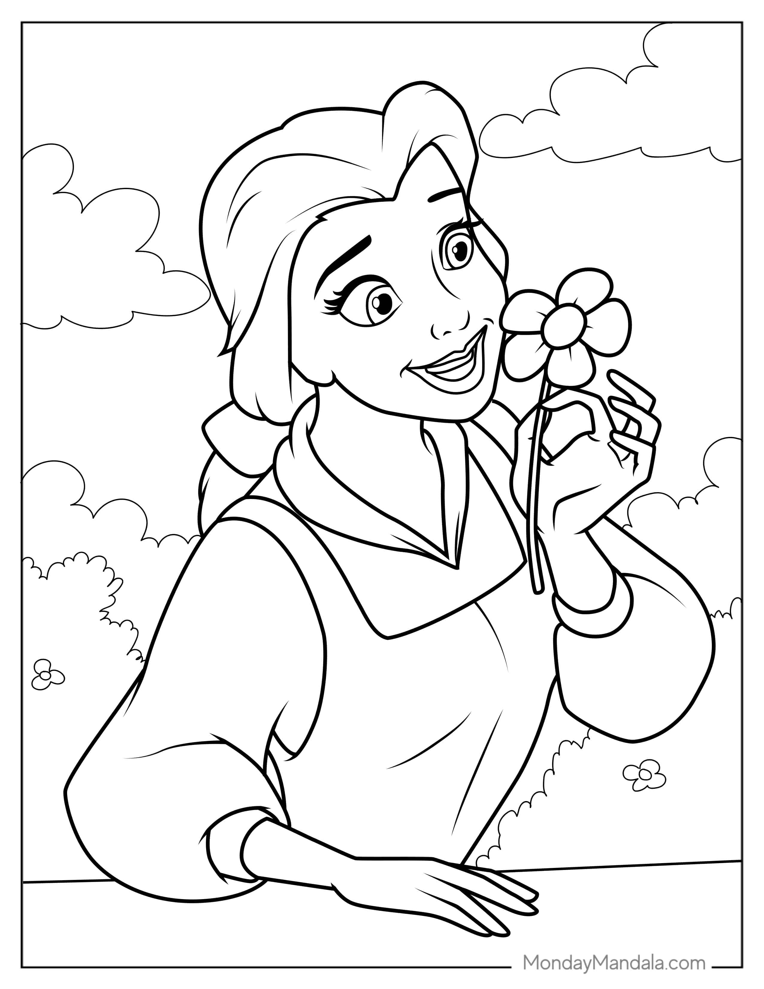 Smiling Belle Smelling a Wild Flower To Color coloring page — printable line art