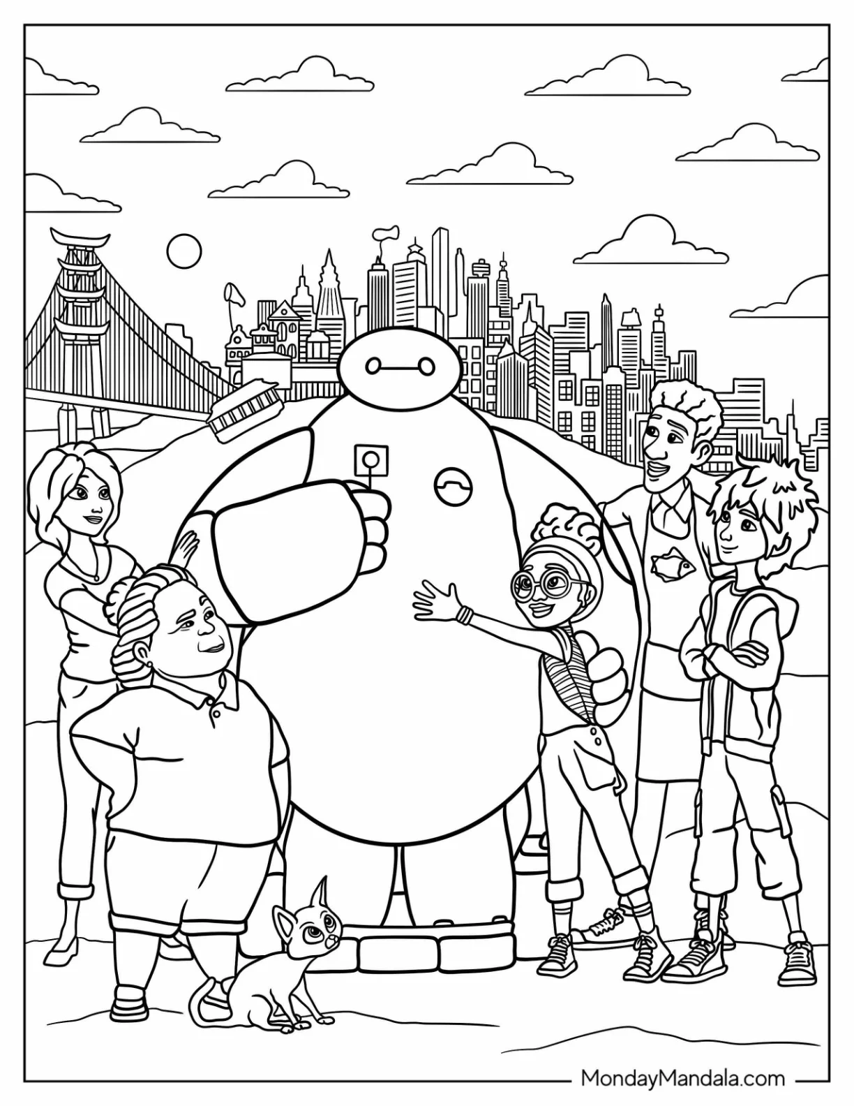 Big Hero 6 Coloring Page Of Baymax And Hamada Family In San Fransokyo coloring page