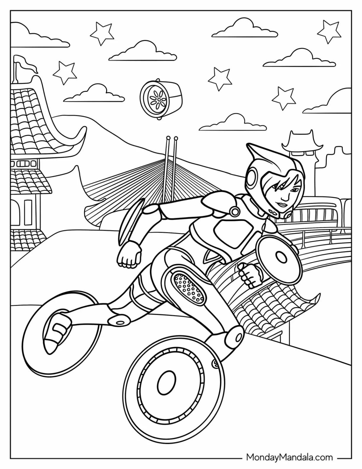 Big Hero 6 Coloring Page Of GoGo Tamago Running In Superhero Suit coloring page