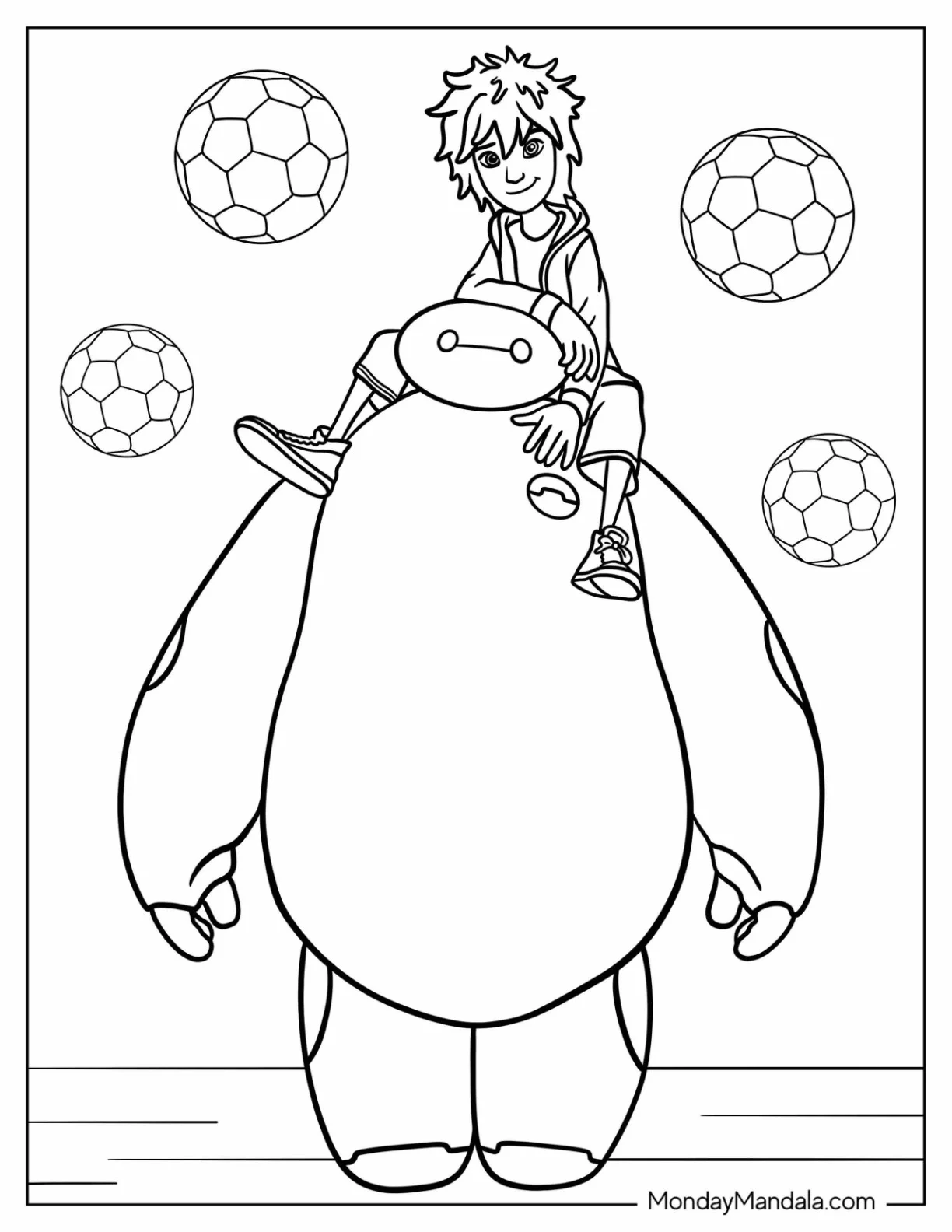Big Hero 6 Coloring Page Of Hiro Hamada Sitting On Baymax For Kids coloring page