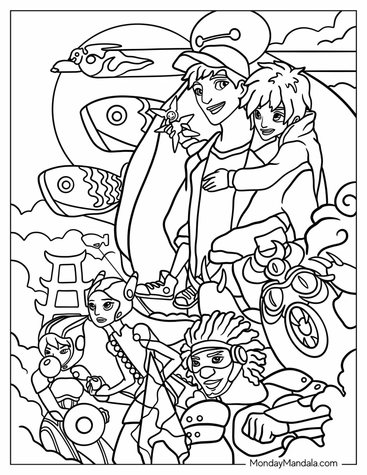 Big Hero 6 Coloring Page Of Poster With Tadashi, Hiro, Baymax, GoGo, Honey, Fred, And Wasabi coloring page