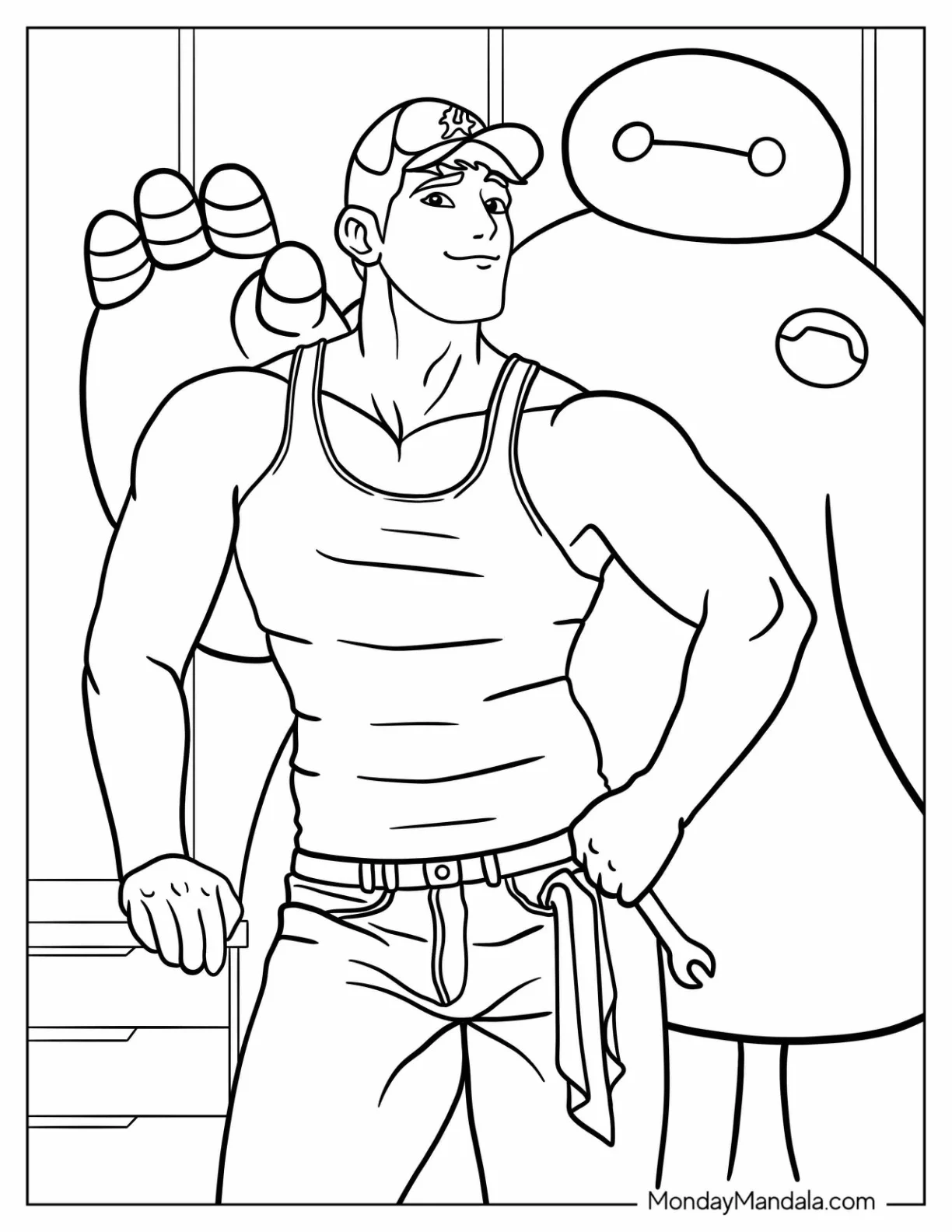 Big Hero 6 Coloring Page Of Tadashi Hamada Standing In Front Of Baymax coloring page
